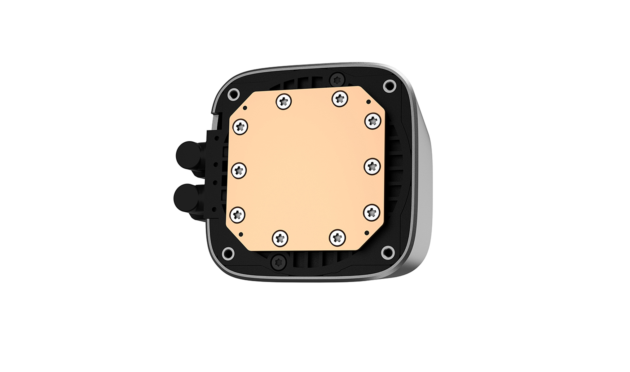 System chłodzenia komputera. Miedziana płyta chłodząca ze śrubami. Dołączone czarne rurki.