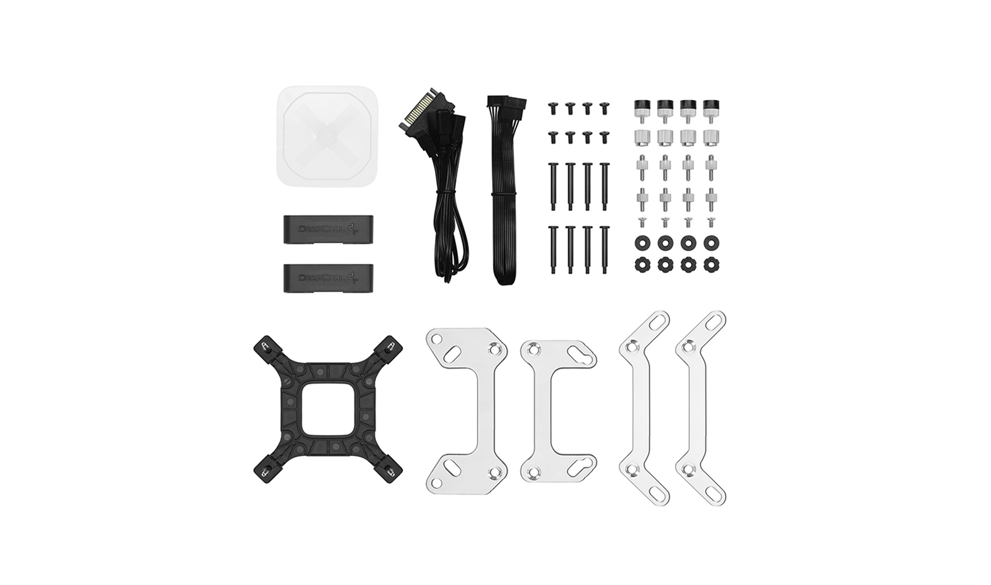 Zestaw komponentów komputera na białym tle. Zawiera kable, śruby, wsporniki i blok chłodzenia.