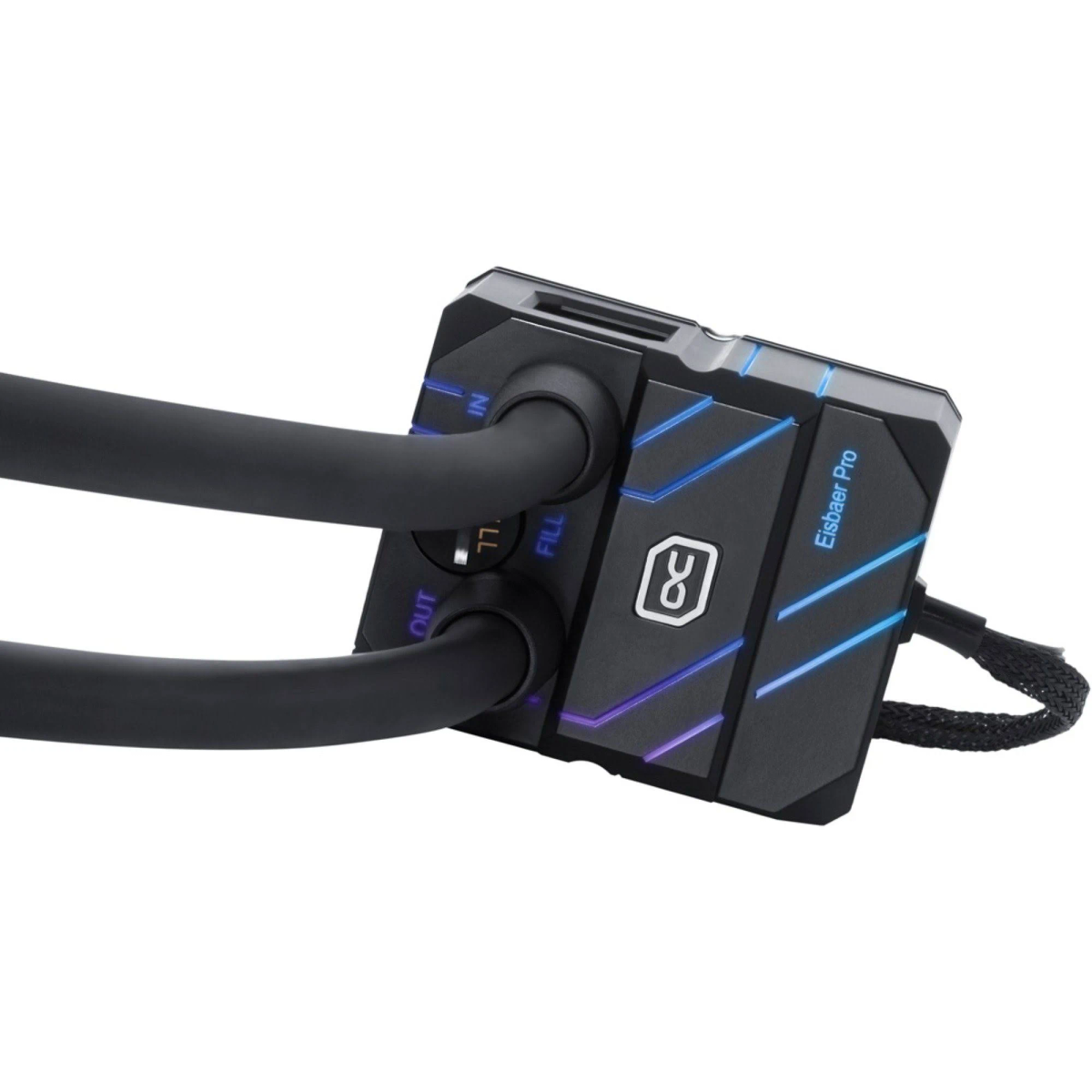 Czarno-niebieska chłodnica wodna do PC, z rurkami i etykietą Eisbaer Pro.