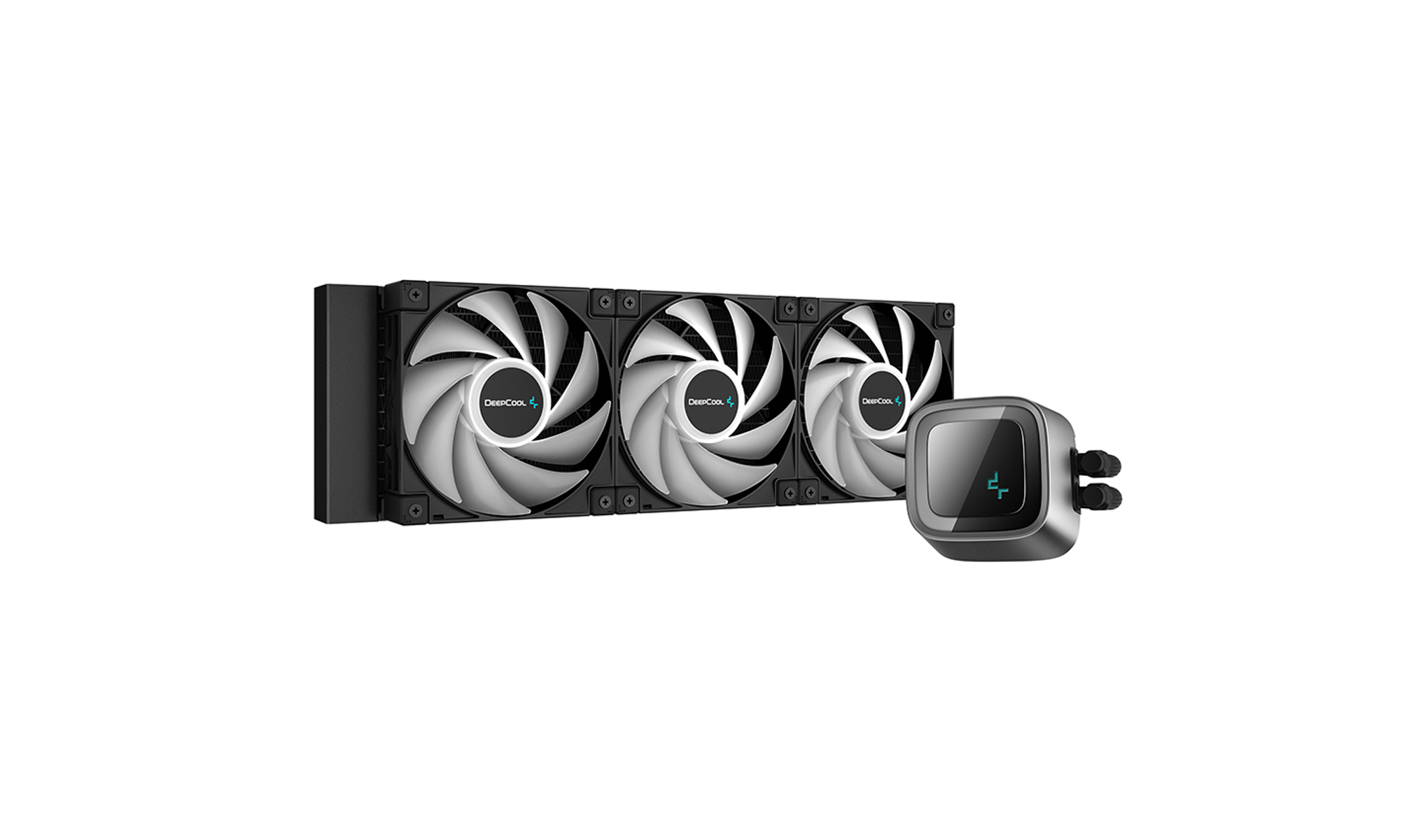 Chłodzenie cieczą DeepCool do PC. Trzy wentylatory i pompa. Czarno-białe.