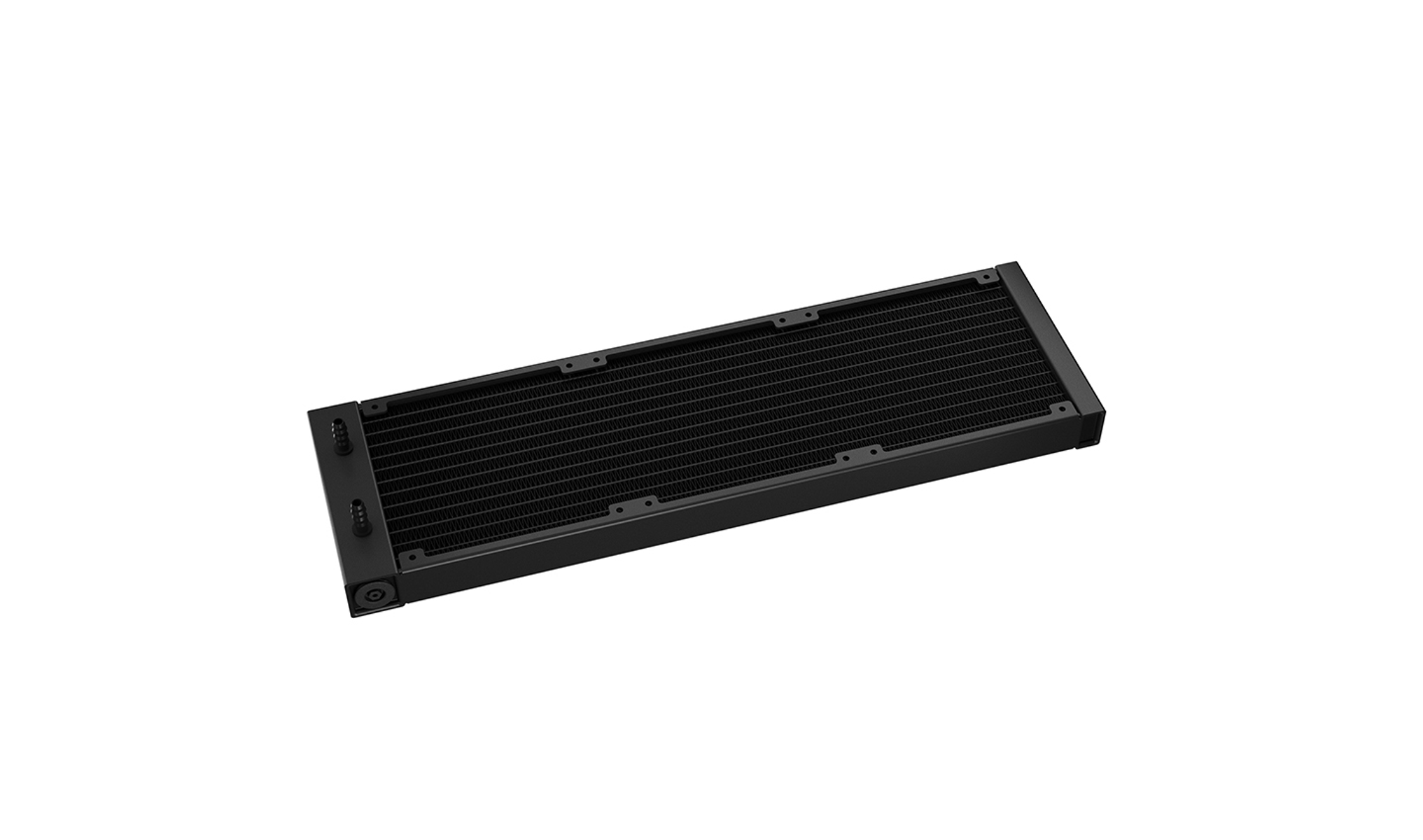 Czarny prostokątny radiator z żebrami, widziany z góry, na białym tle.