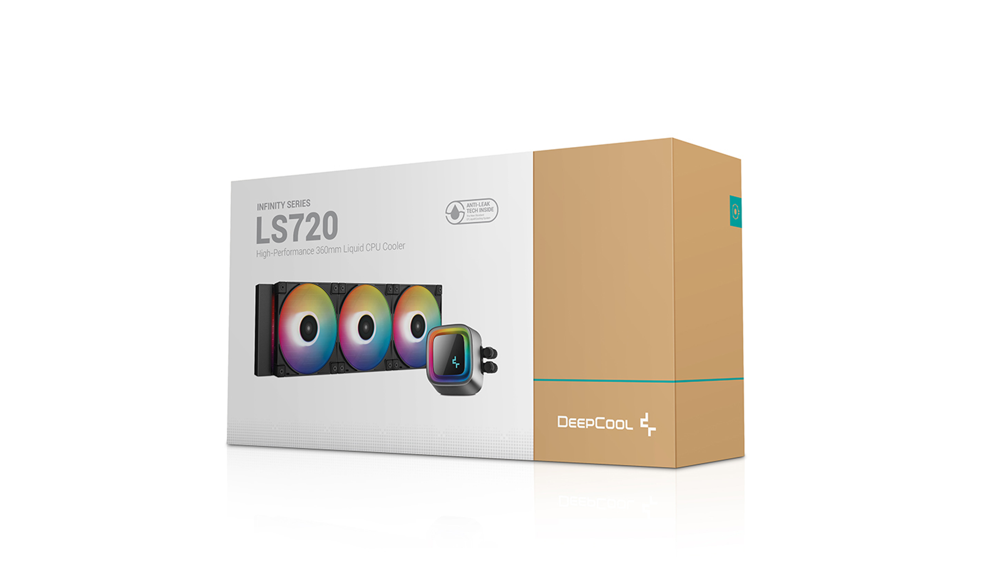 Pudełko chłodnicy procesora Deepcool LS720 z komponentami i białym tłem.