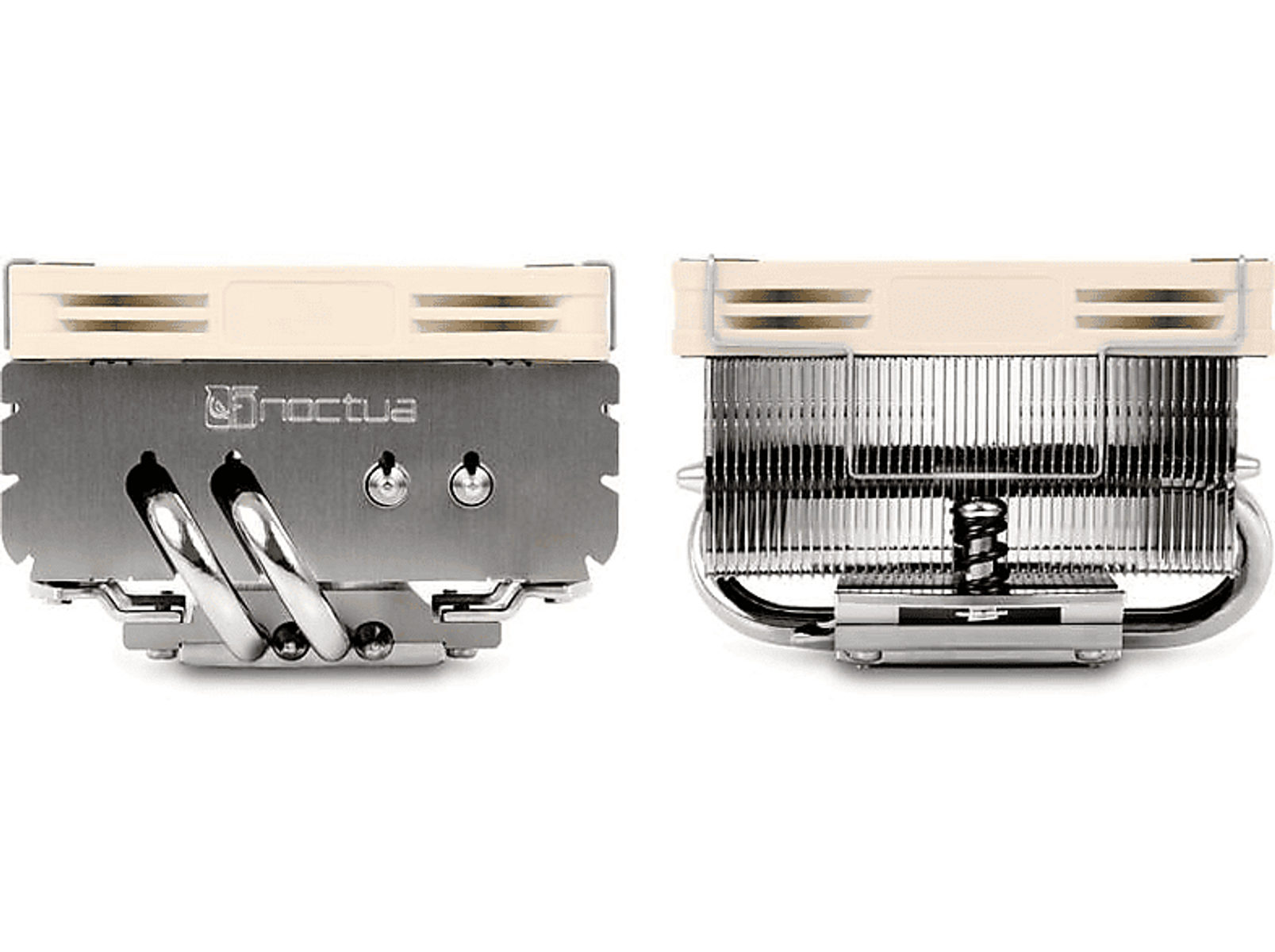 Dwa wentylatory chłodzące do komputera obok siebie, z radiatorami i srebrnymi elementami metalowymi.