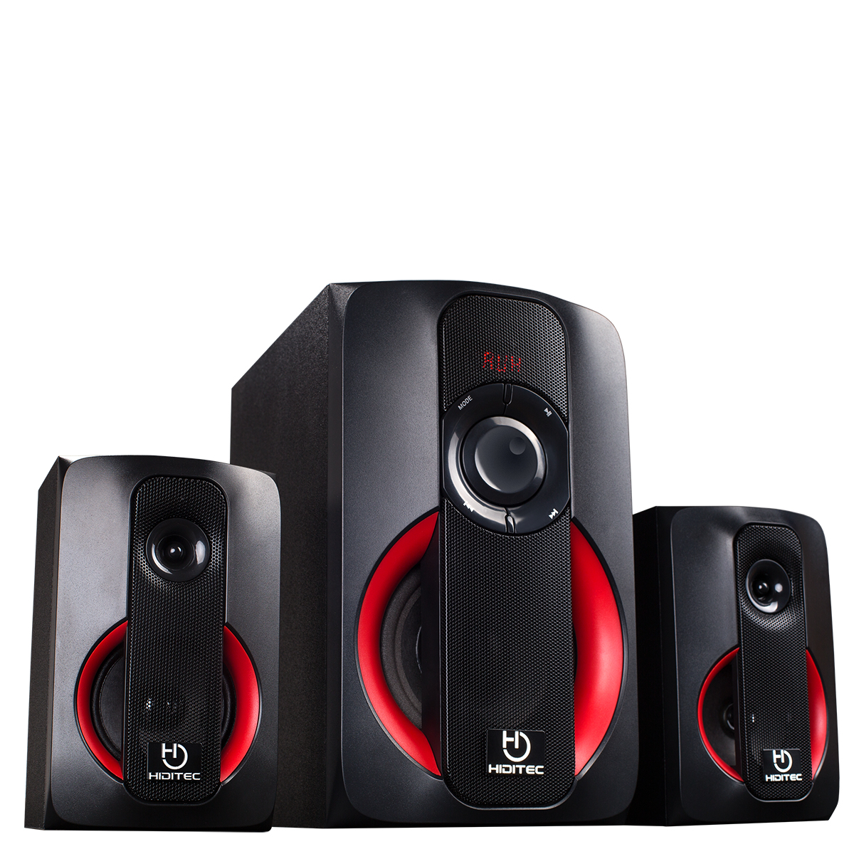 Un set di altoparlanti neri con accento rosso, composto da un subwoofer e due altoparlanti più piccoli.