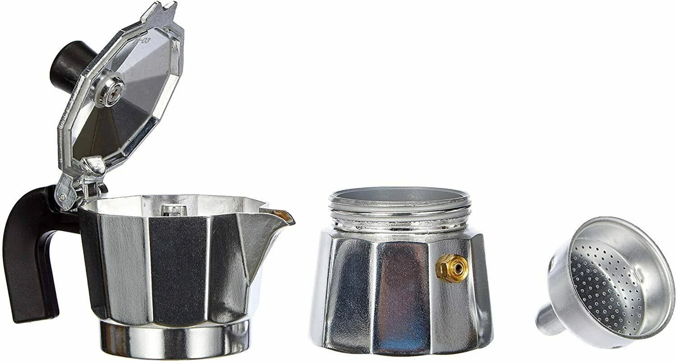 Rozłożony srebrny ekspres do espresso z pokrywką, korpusem i filtrem, na białym tle.