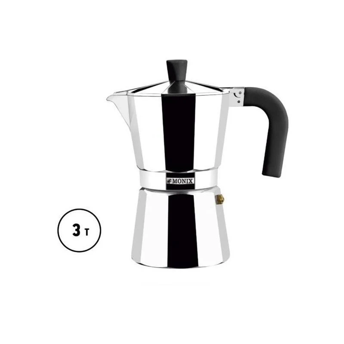 Srebrny i czarny ekspres do kawy na kuchenkę. Oznaczenie '3T' po lewej stronie.