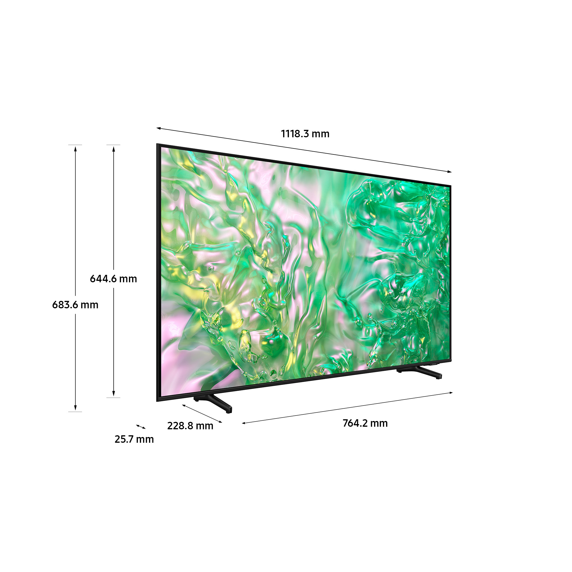 Un grande schermo TV con cornice nera con dimensioni, mostra uno sfondo astratto verde e bianco.