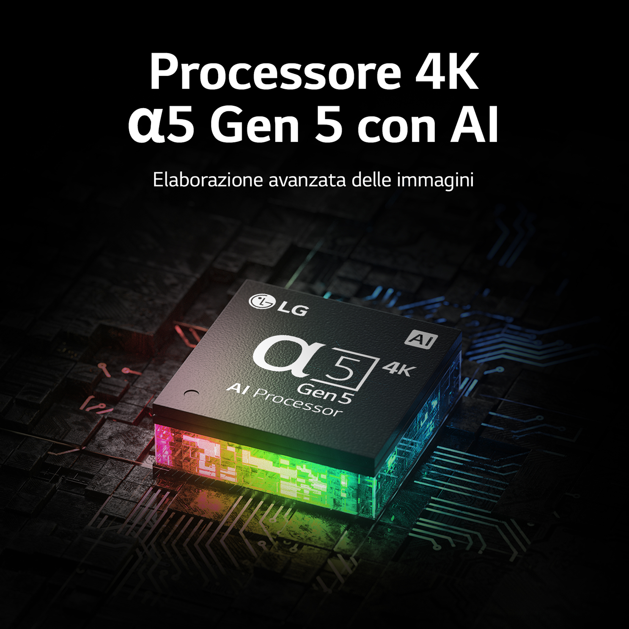 Obraz procesora 4K AI z kolorowymi światłami i tekstem po włosku.