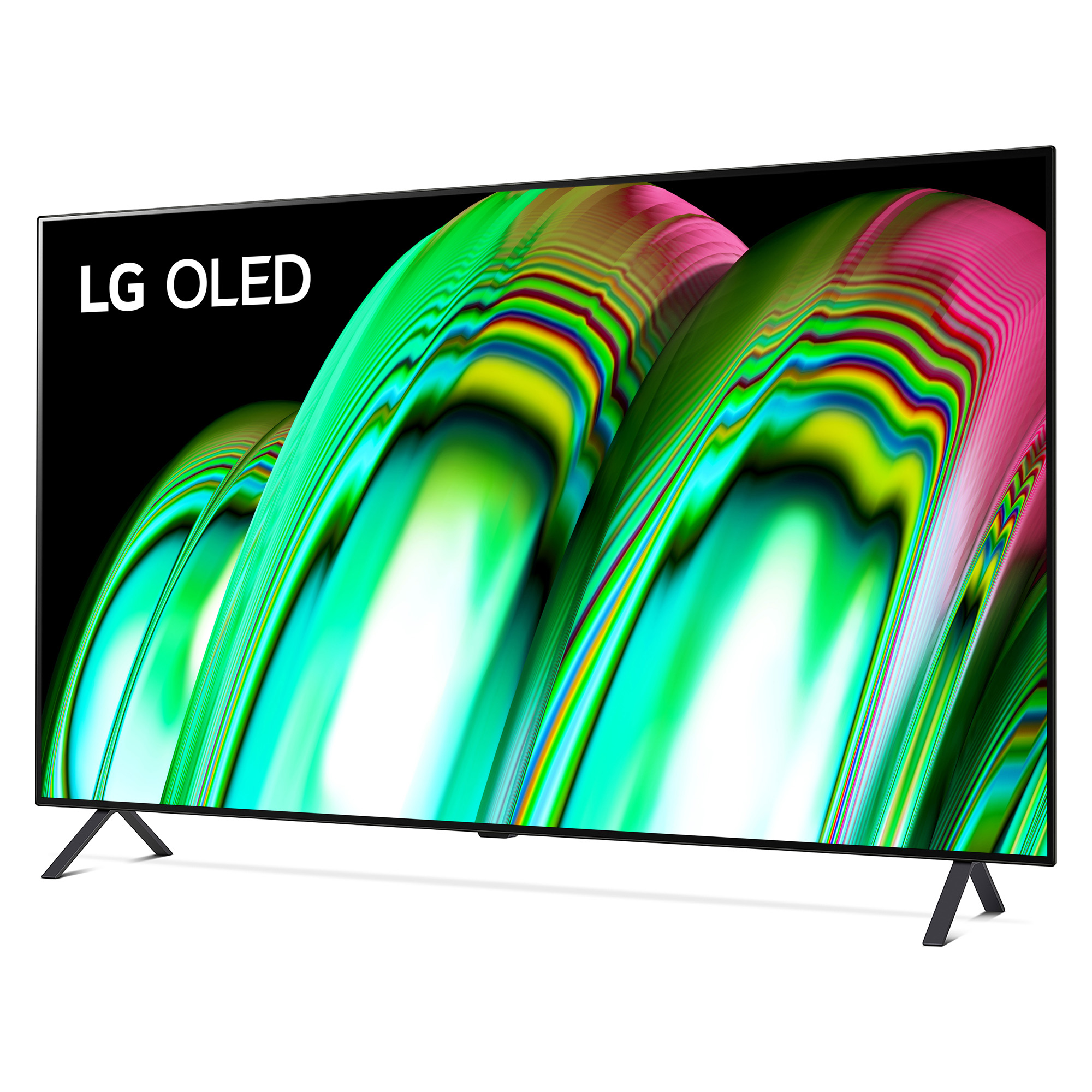 TV LG OLED che mostra strisce colorate. Cornice nera con gambe nere. Testo LG OLED bianco.