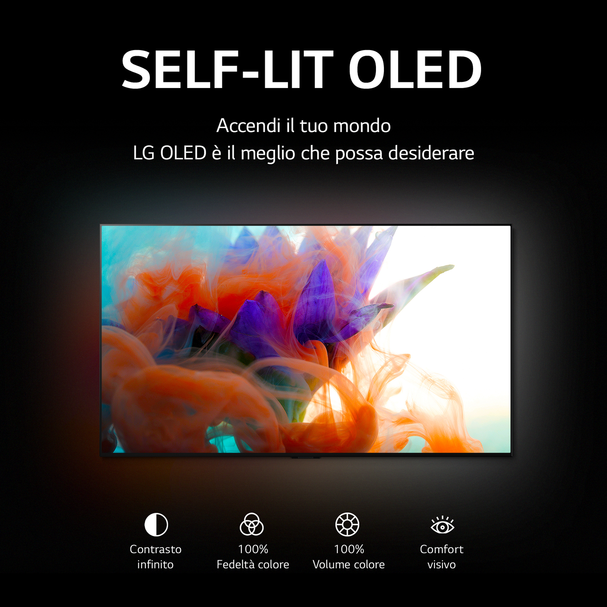 TV moderno che mostra arte colorata con testo, enfatizzando contrasto e volume colore.