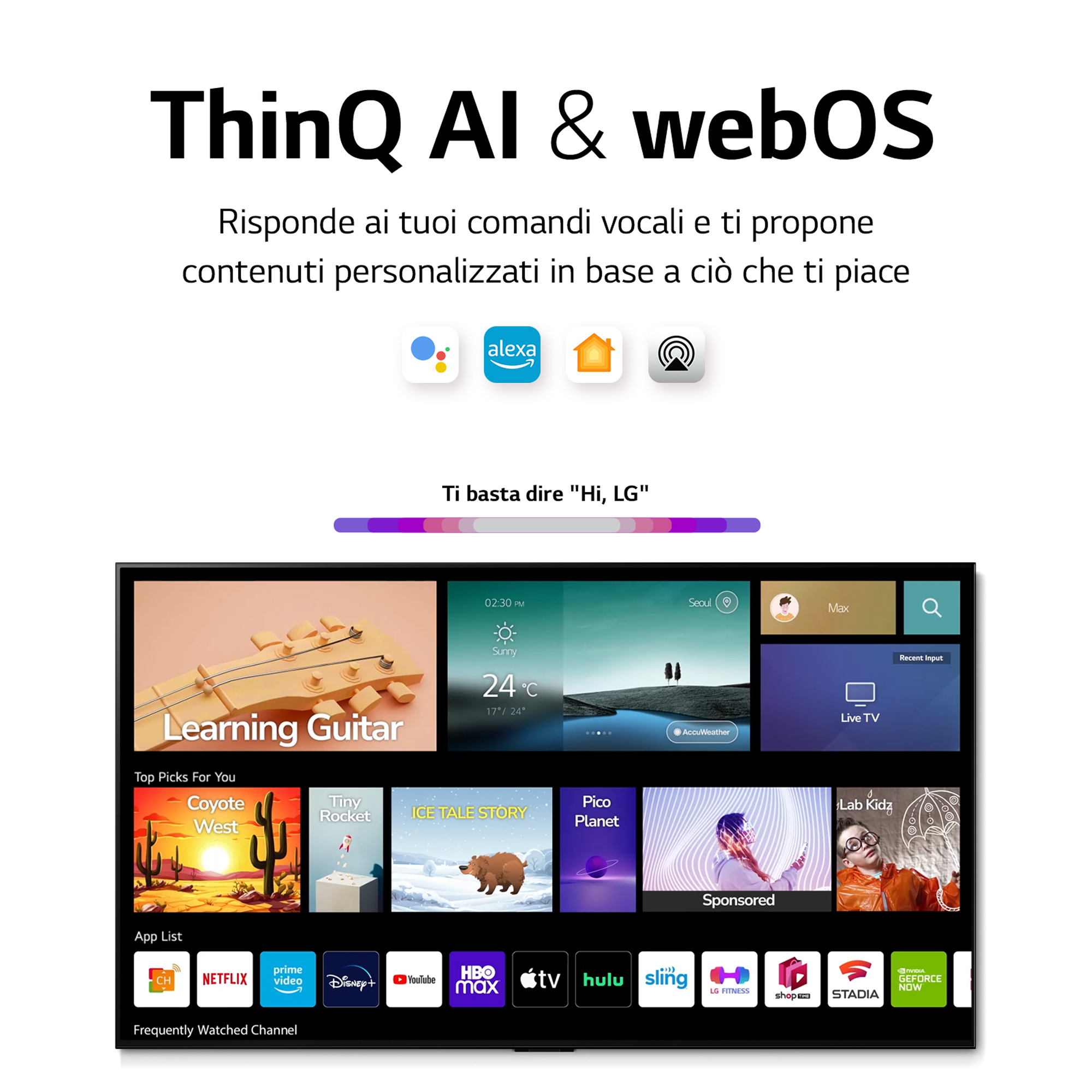 Schermo TV LG che mostra l'interfaccia con varie app e il testo 'ThinQ AI & webOS'.