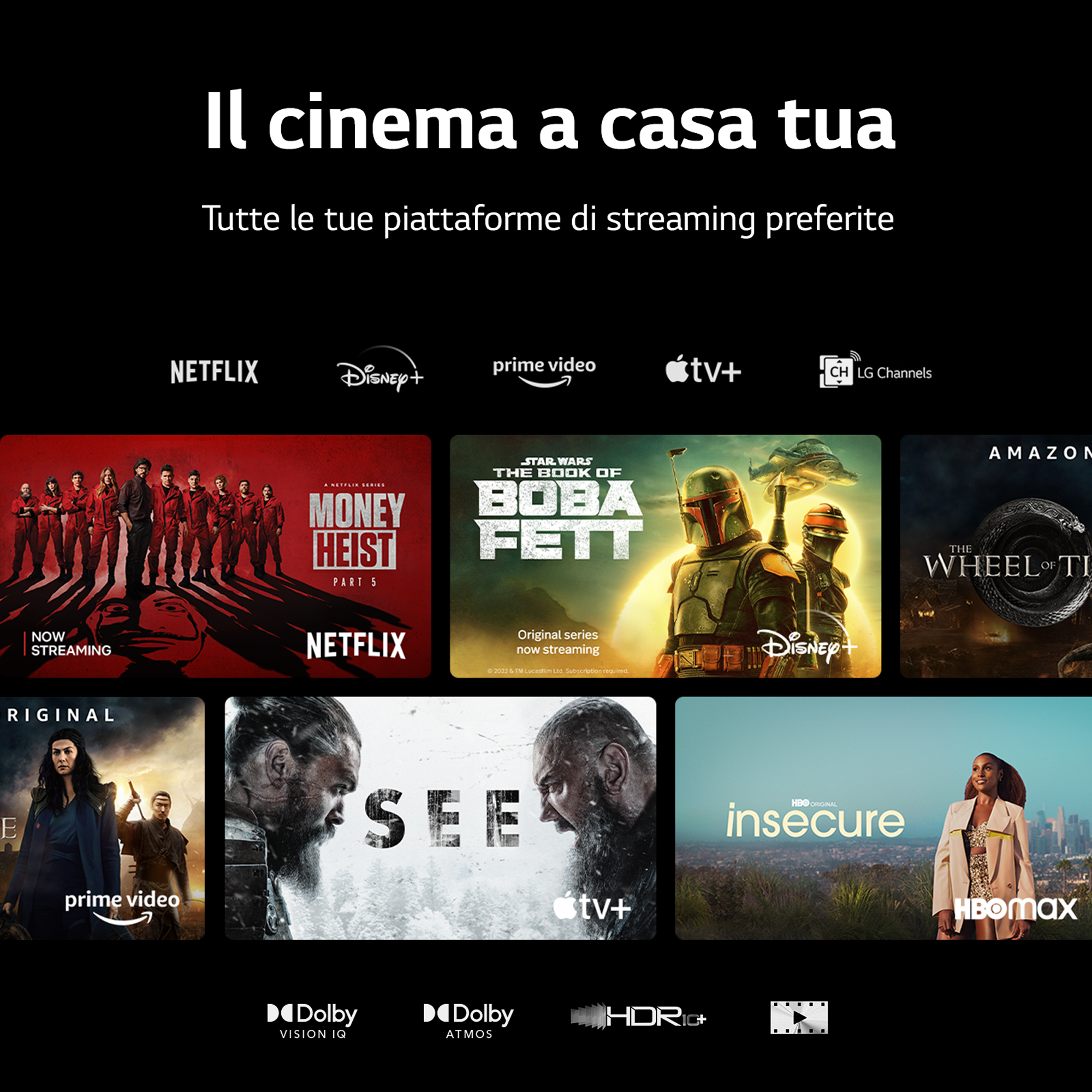 Loghi dei servizi di streaming con screenshot di programmi; Netflix, Disney+.