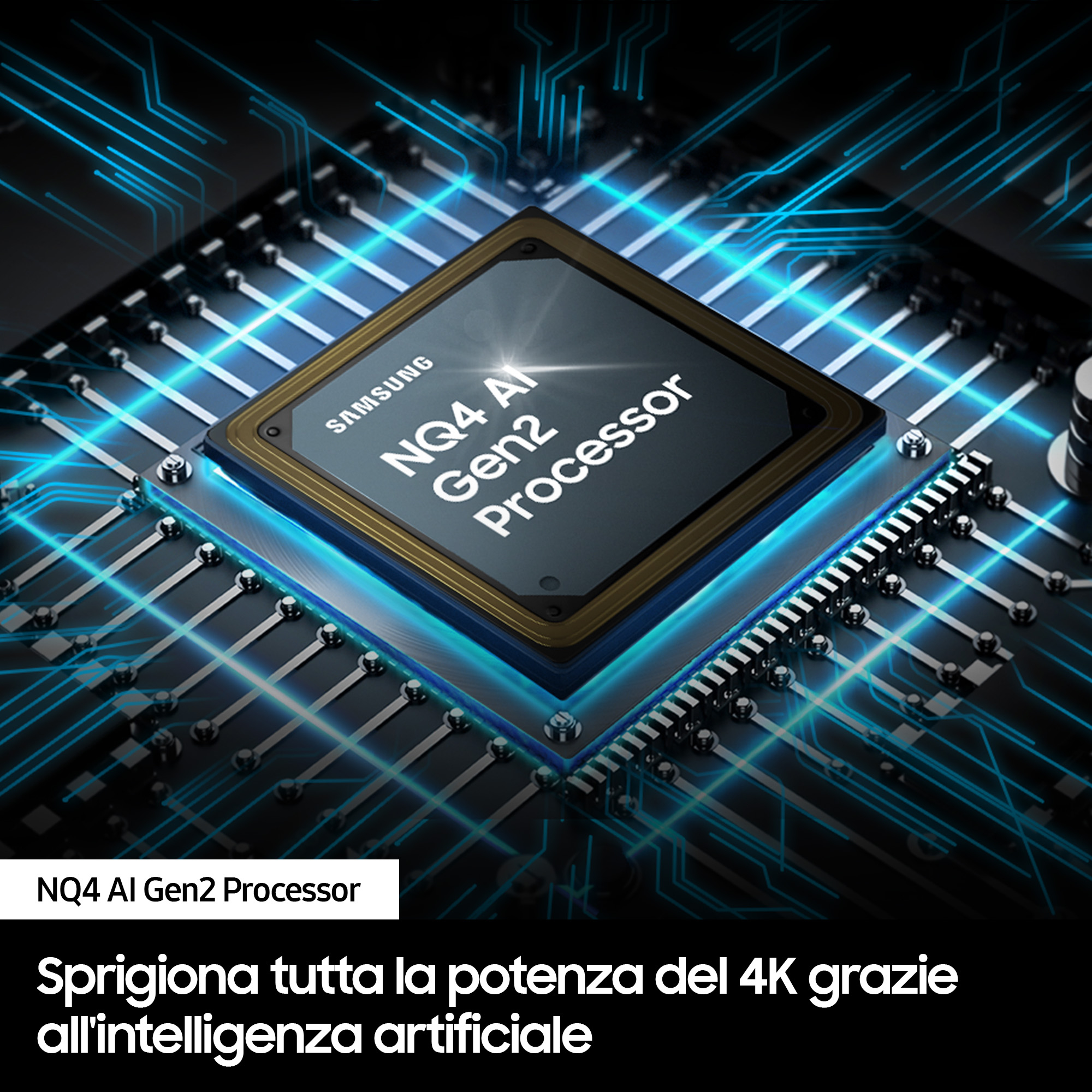 Zbliżenie procesora Samsung z niebieskimi światłami i tekstem: 'NQ4 AI Gen2 Processor'.