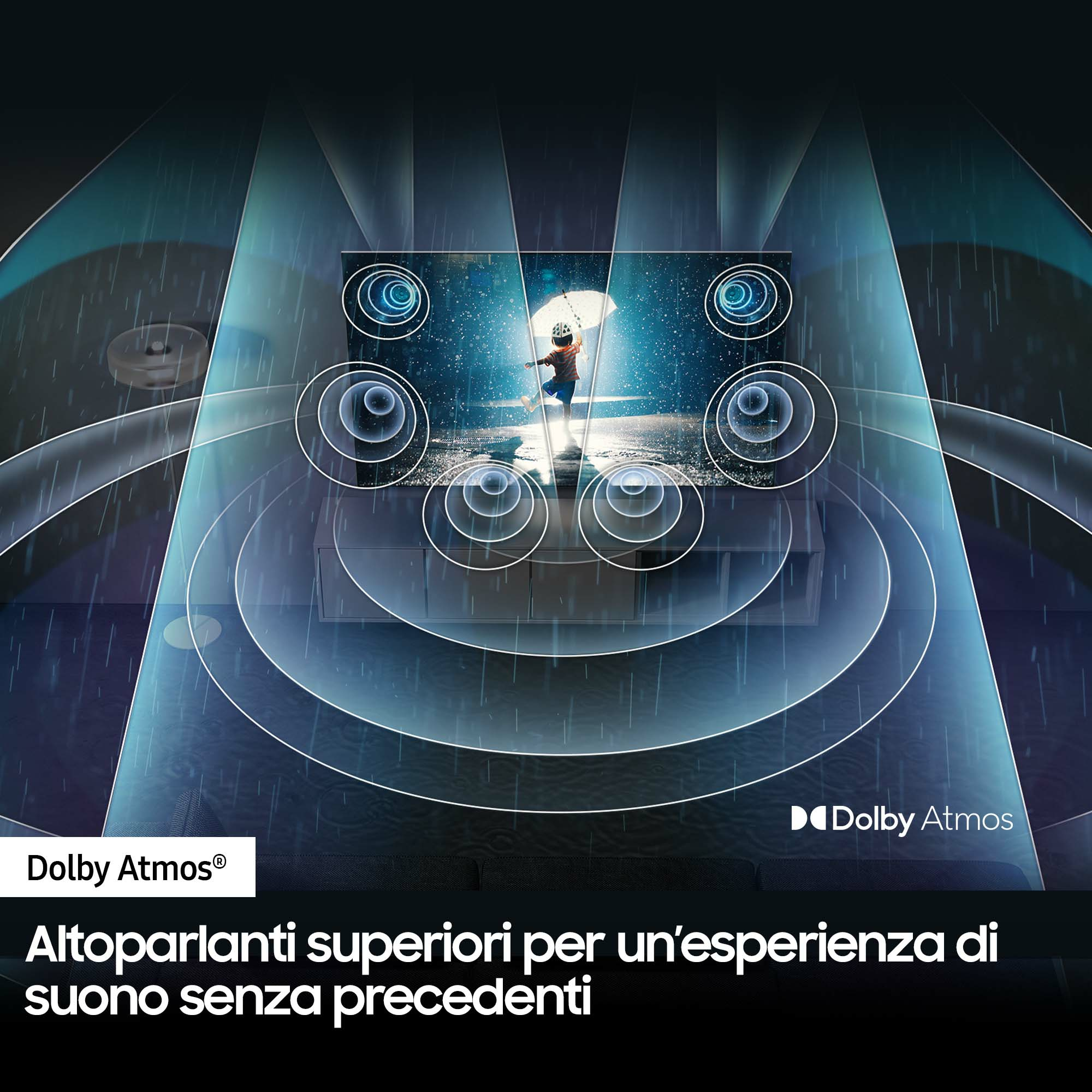 Obraz przedstawia telewizor z osobą w deszczu. Fale dźwiękowe dochodzą z telewizora.