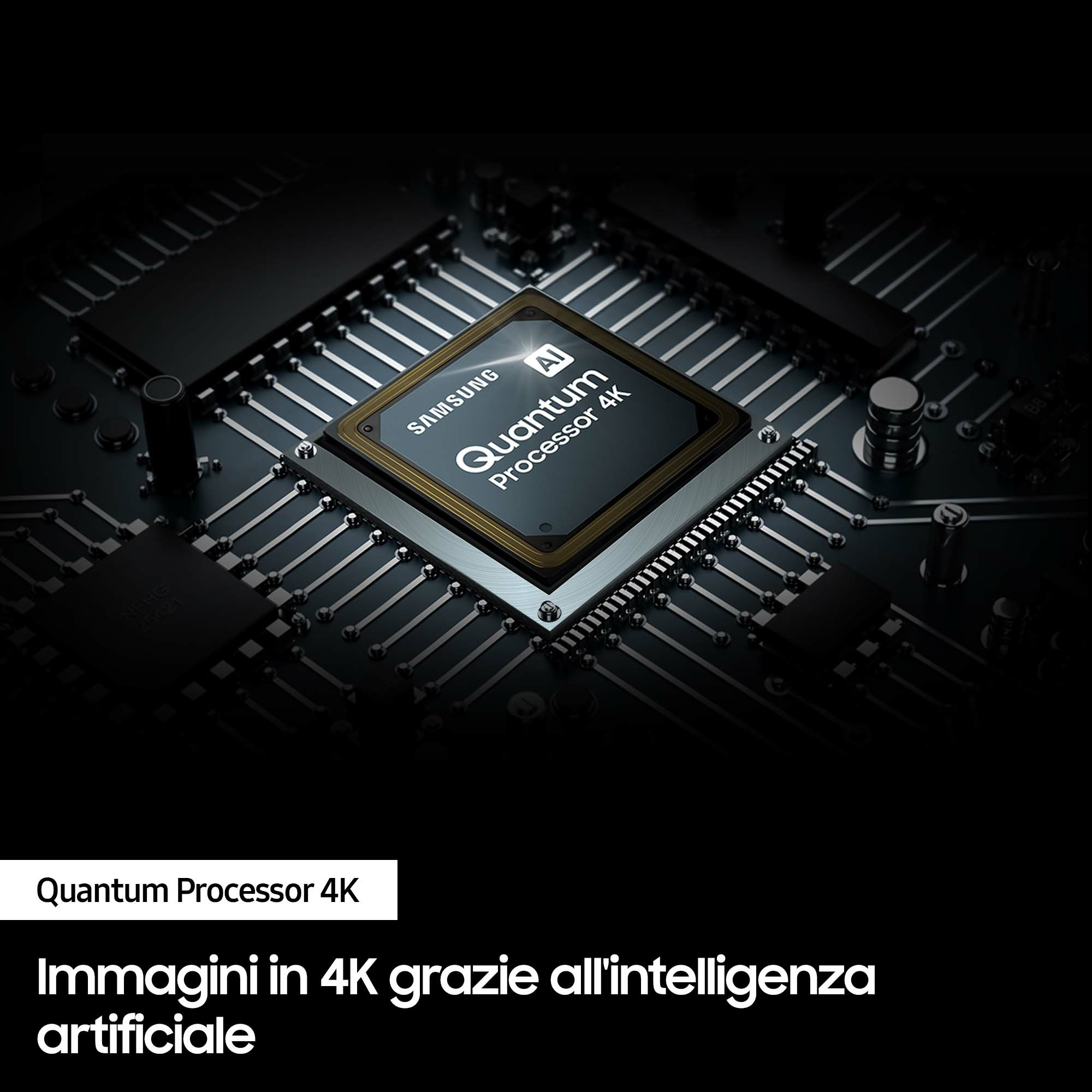 Zbliżenie procesora Samsung Quantum 4K z napisem 'Quantum Processor 4K'.