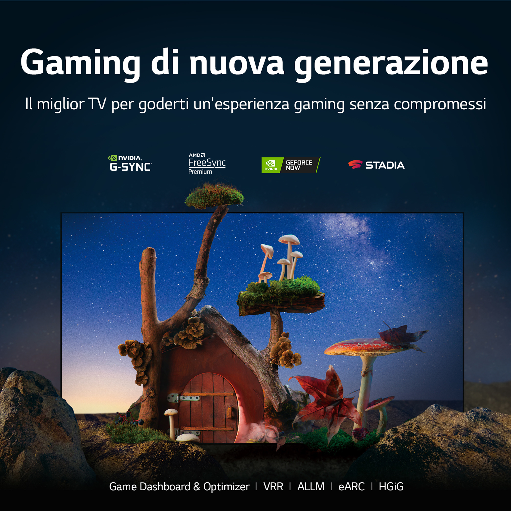 Telewizor wyświetlający fantastyczną scenę z grzybami, podkreślając funkcje gier.