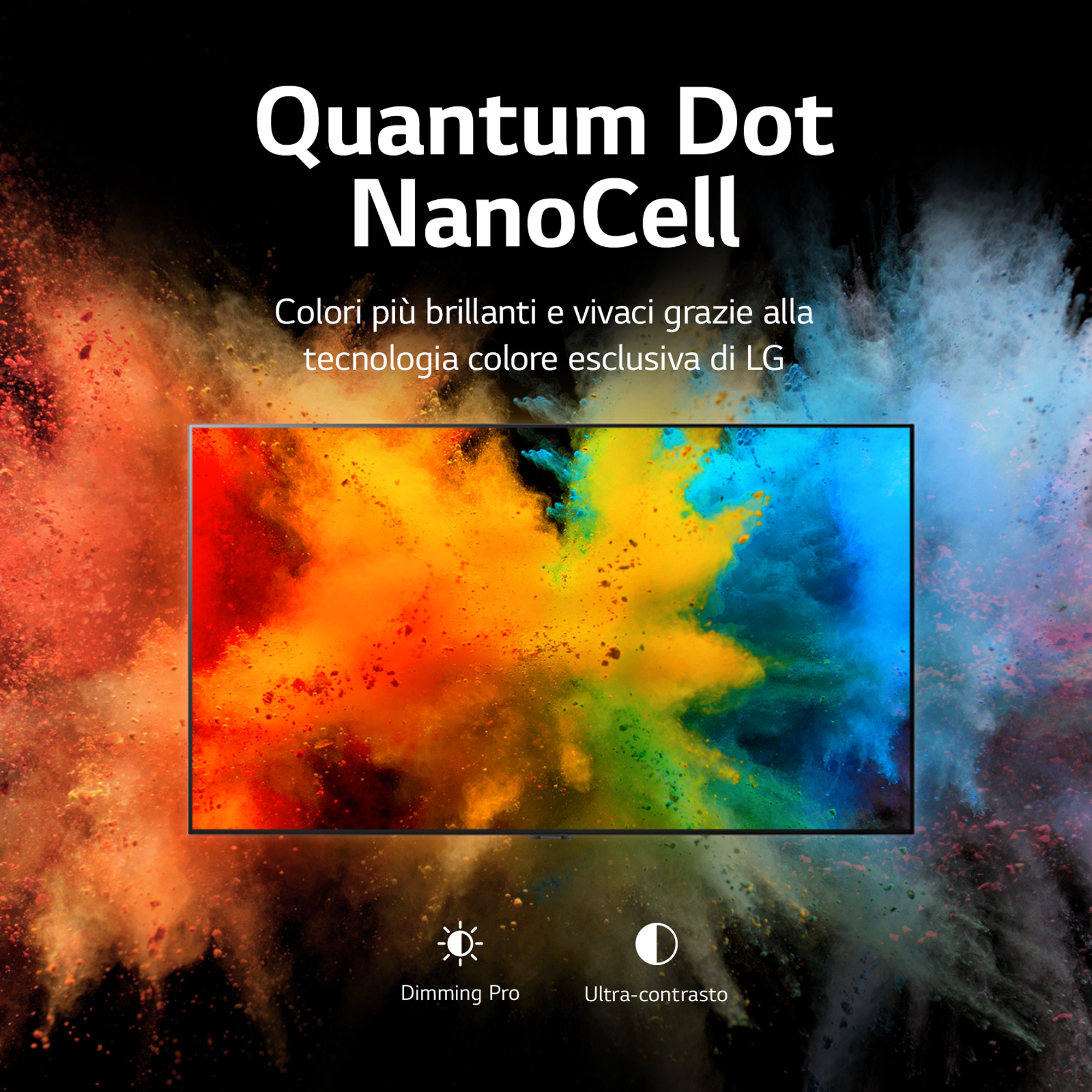 Schermo TV con spruzzi di vernice colorati. Testo: Quantum Dot NanoCell, LG, Dimming Pro, Ultra-contrasto.