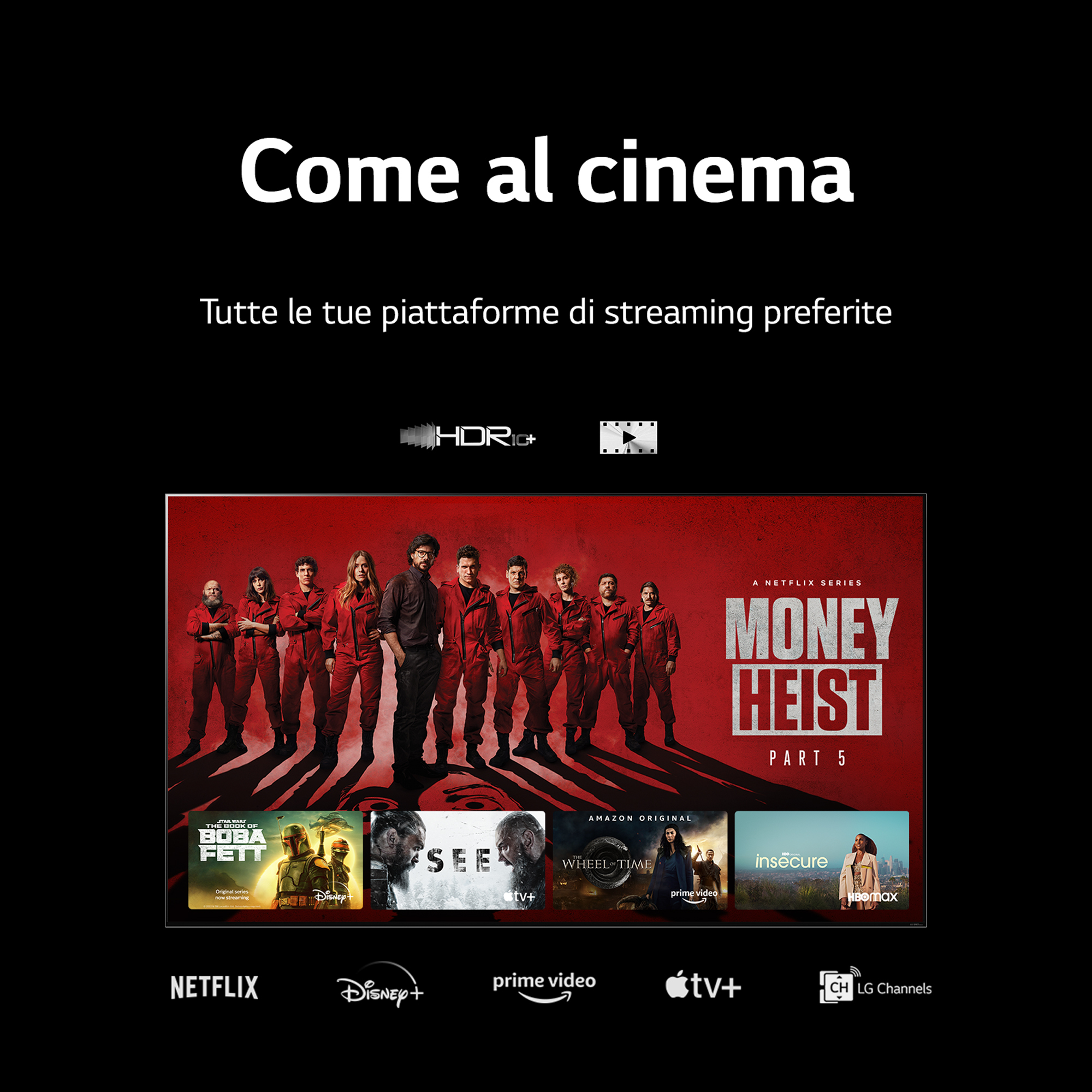 Schermo TV che mostra scene di piattaforme di streaming. Testo in italiano.