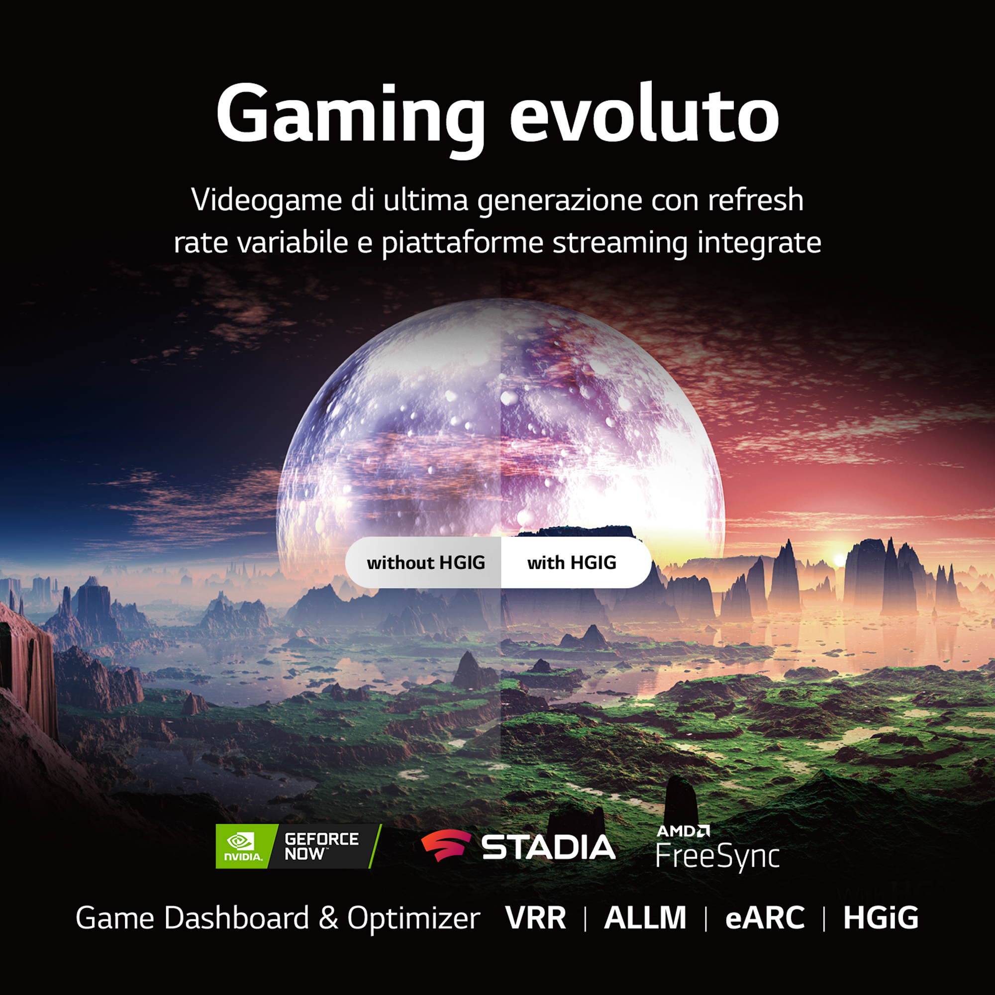Un'immagine a tema gaming che mostra un paesaggio, con e senza HGIG, e piattaforme di gioco.