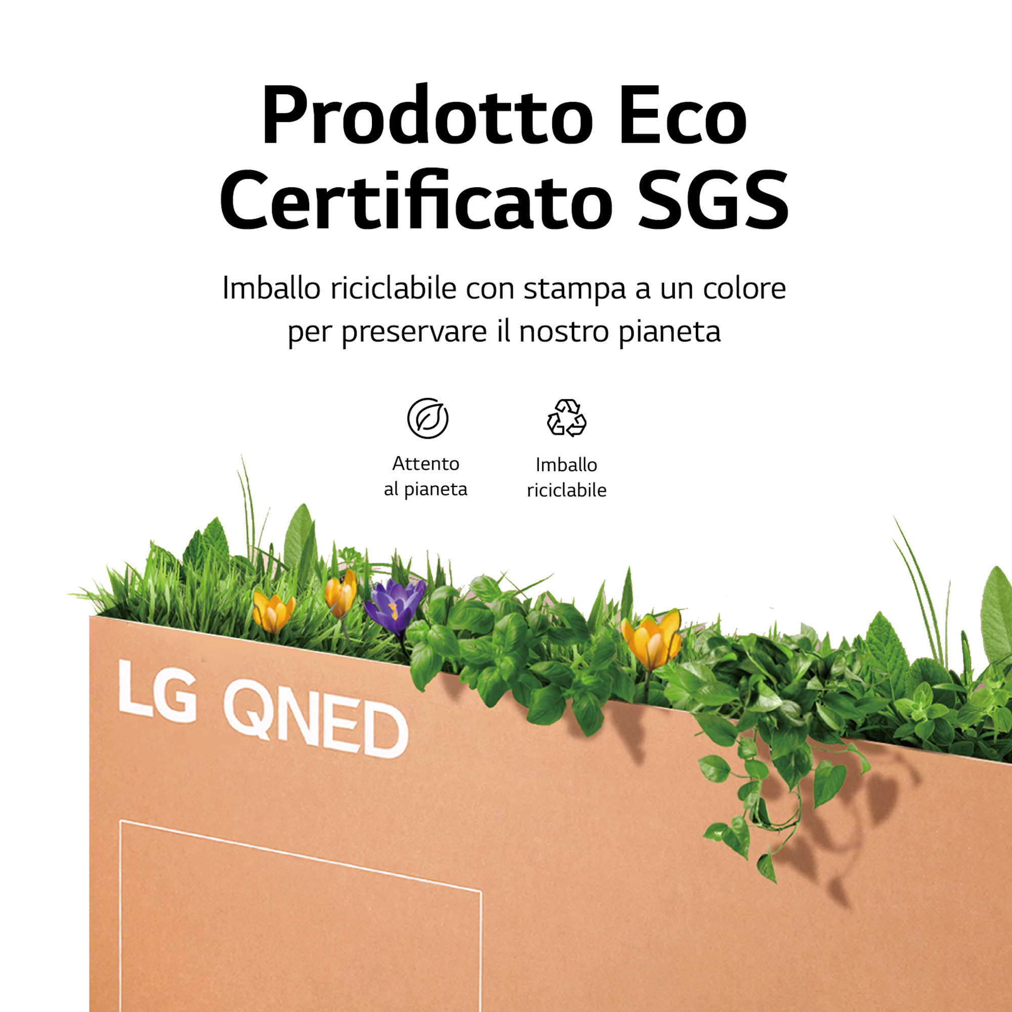 Primo piano di una scatola del prodotto TV LG QNED sostenibile con testo sul riciclaggio ecologico.