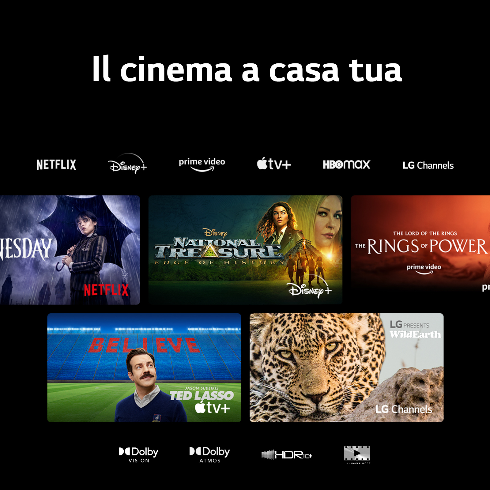 Loghi dei servizi di streaming: Netflix, Disney+, Prime Video, Apple TV+, HBO Max e LG Channels, con show.