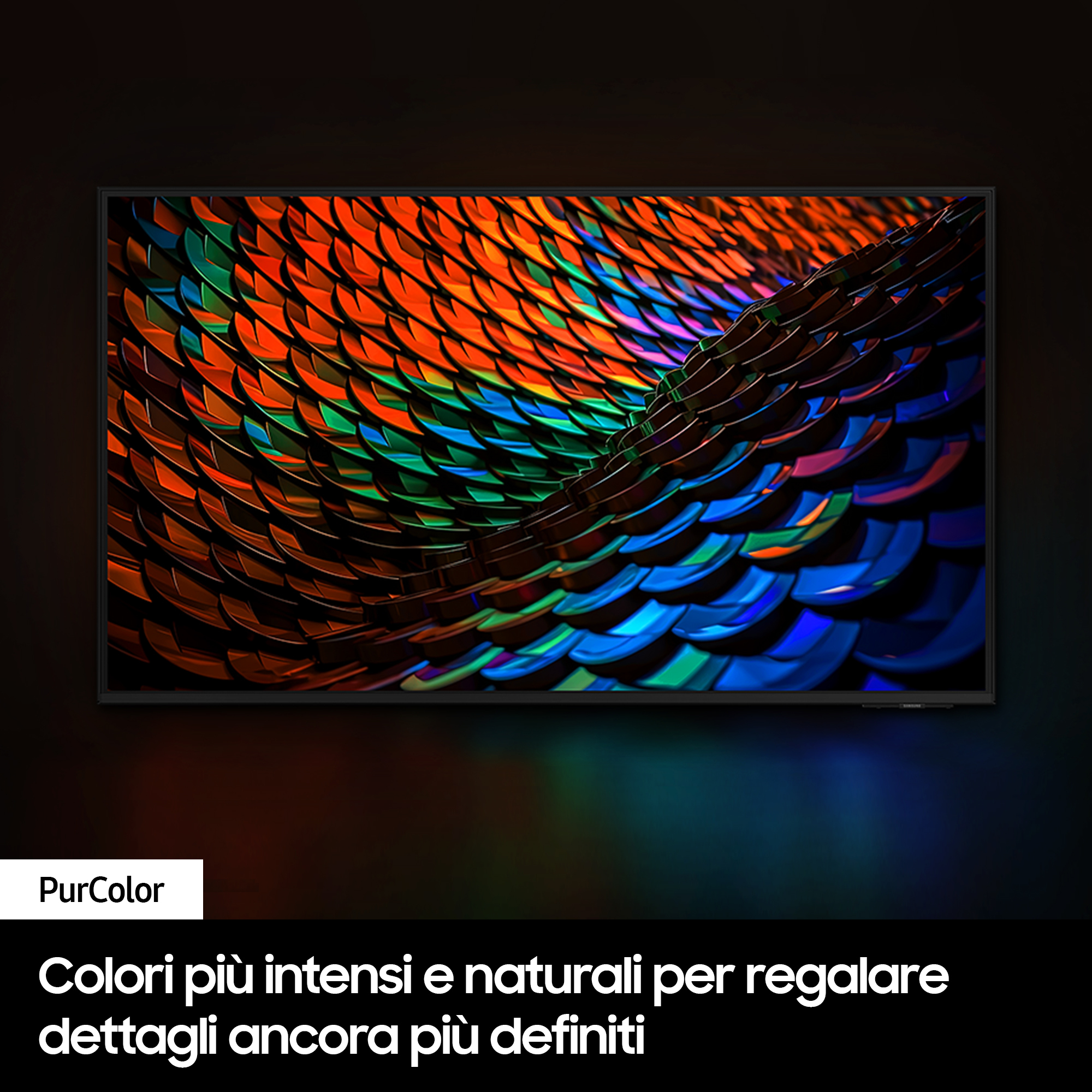 Ekran telewizora wyświetla kolorową sztukę abstrakcyjną.