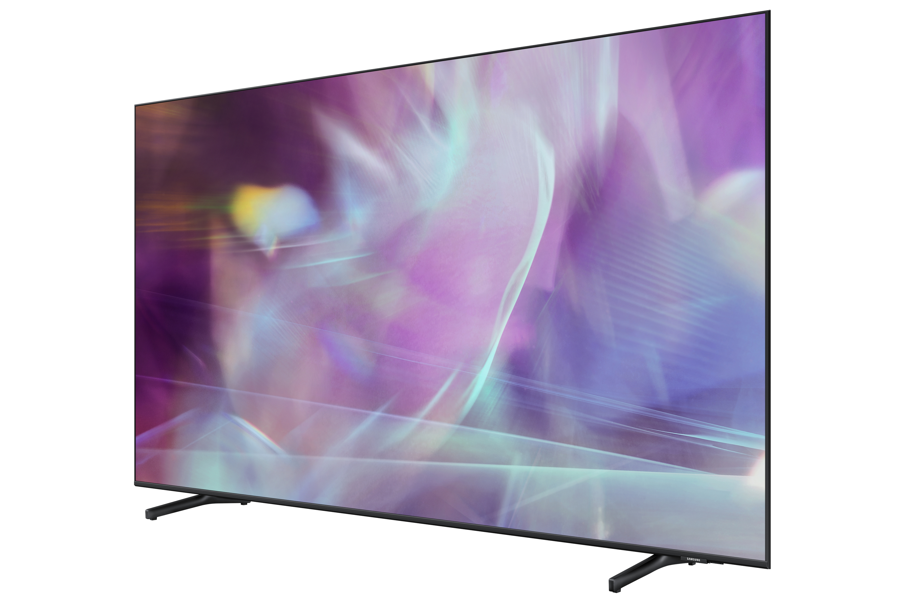 TV Samsung angolato, cornice nera, supporto nero e sfondo viola.