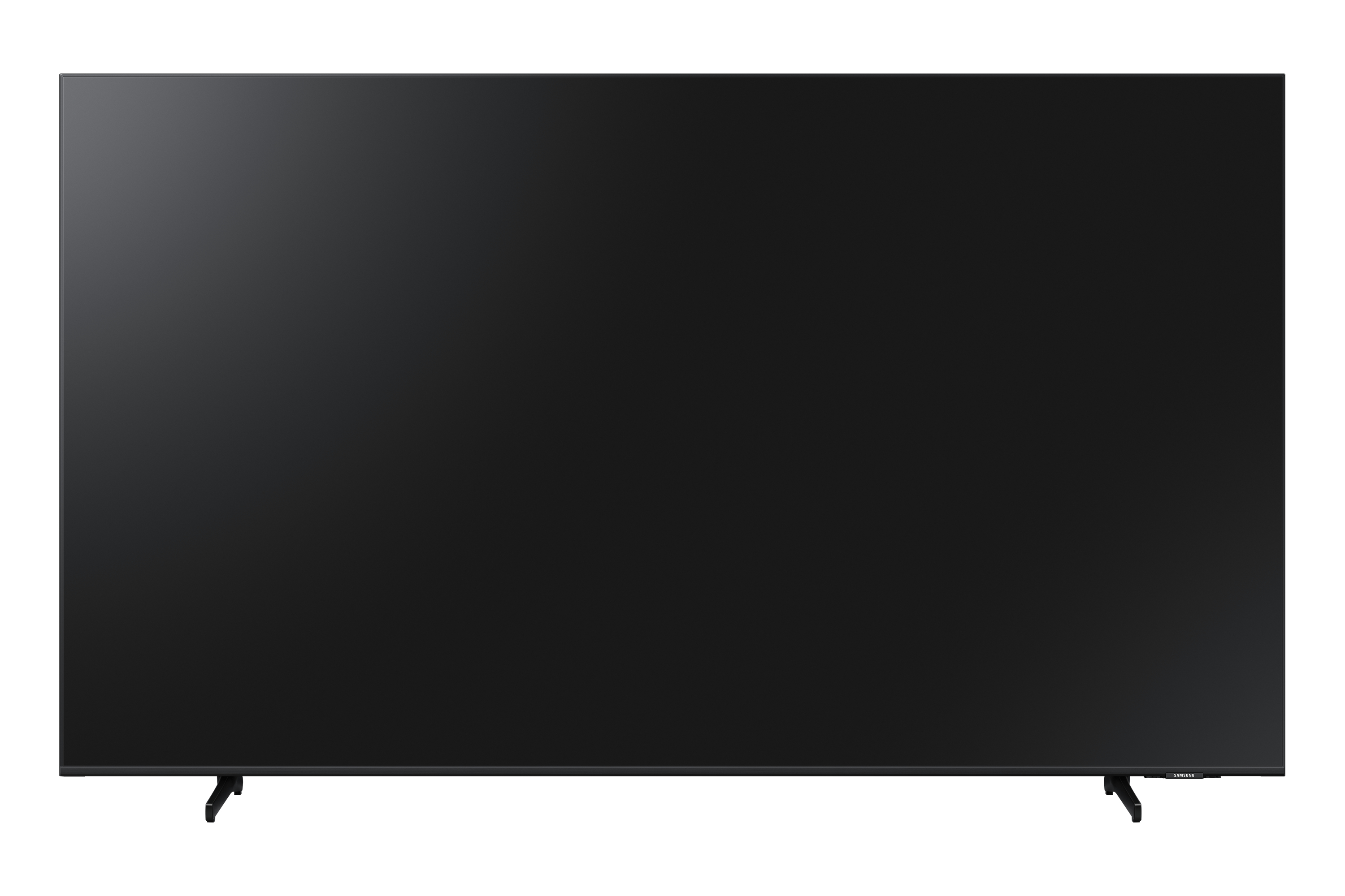 Schermo TV nero, che mostra un'immagine vuota e scura. TV montata su due gambe sottili.