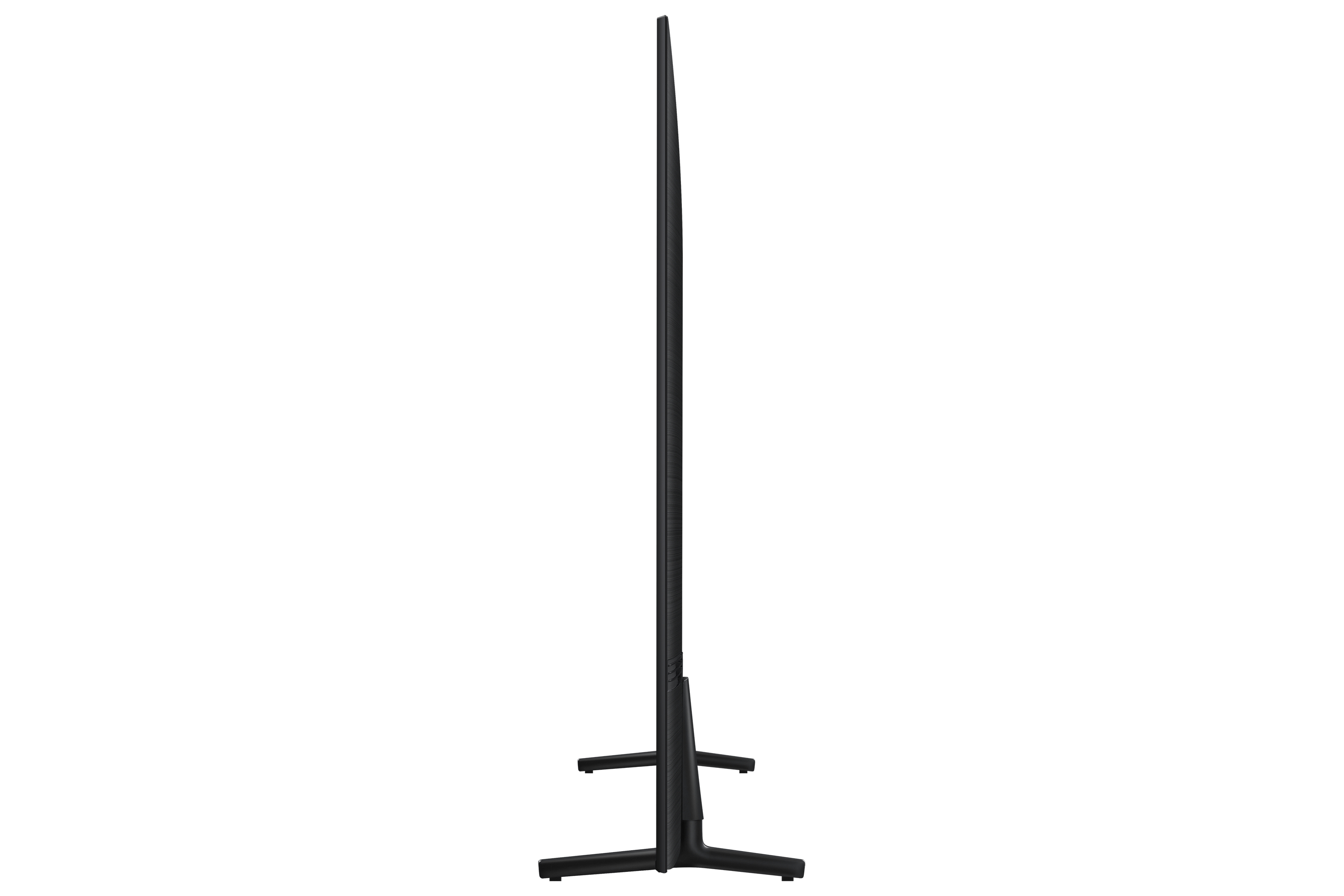 Vista laterale di una TV nera, in piedi con un profilo sottile su sfondo bianco.