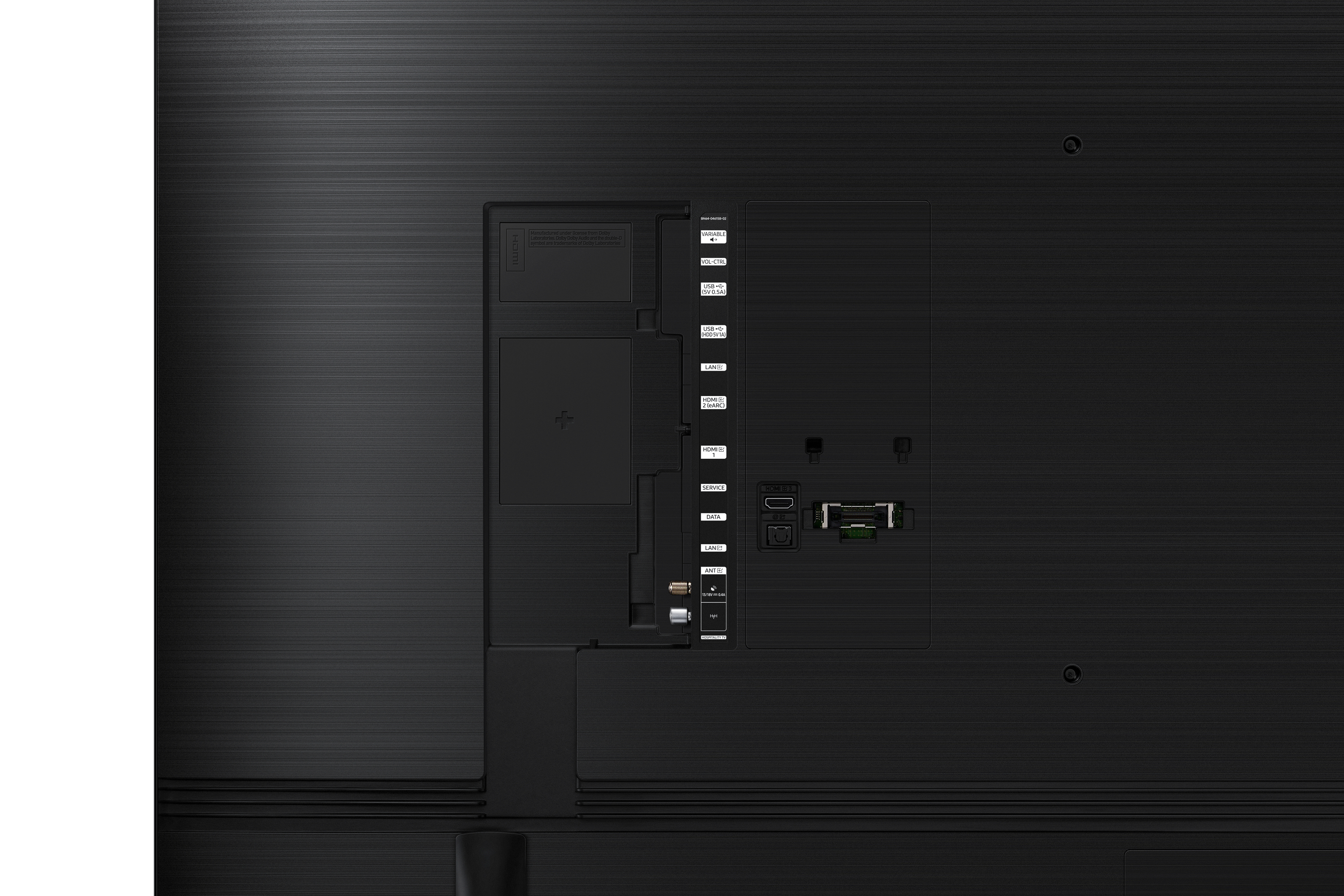 Il retro di un televisore Samsung nero con varie porte e connessioni.