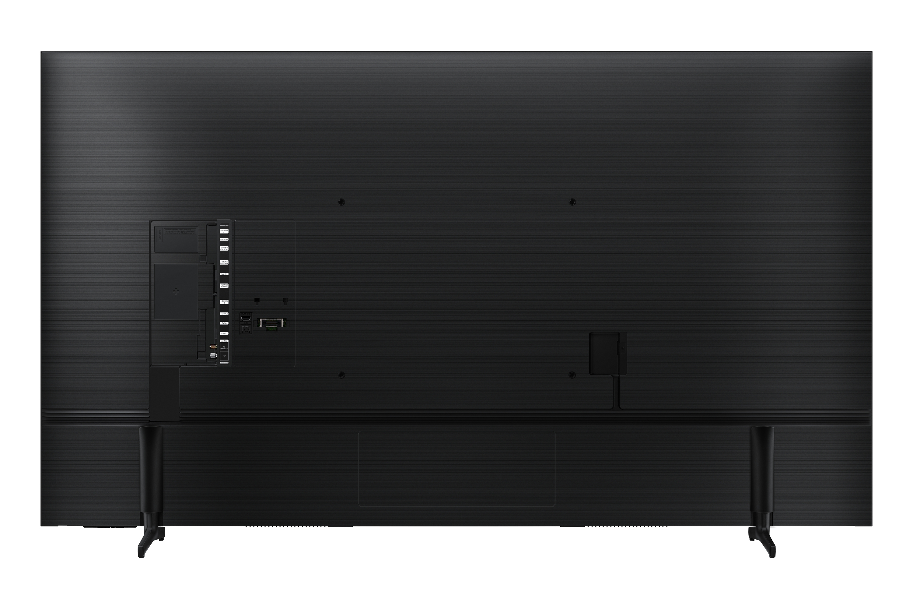 Vista posteriore di una TV Samsung nera con più porte e due piedini.