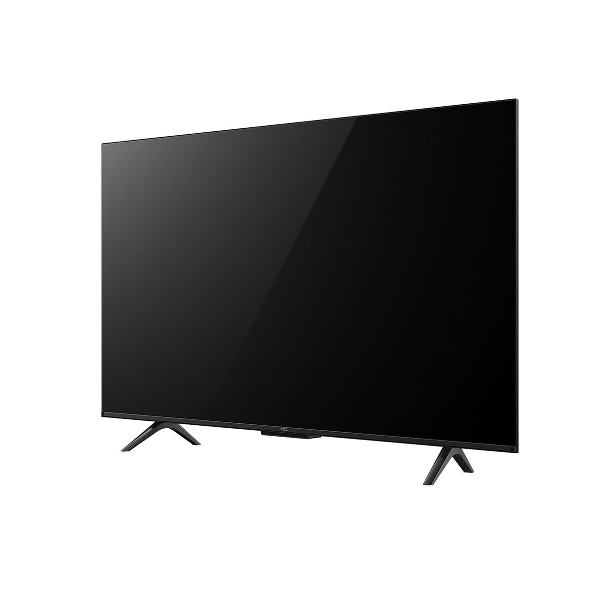 Televisor negro sobre soporte negro. La pantalla está encendida, reflejando la luz.