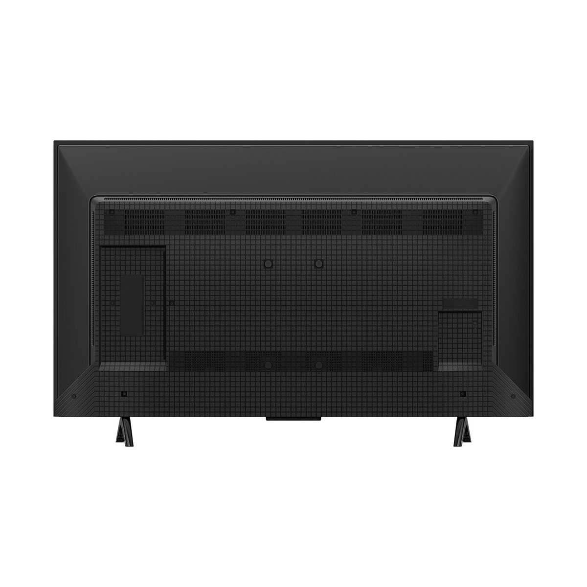 Parte trasera de un televisor Sony negro con un patrón de rejilla y dos patas negras.