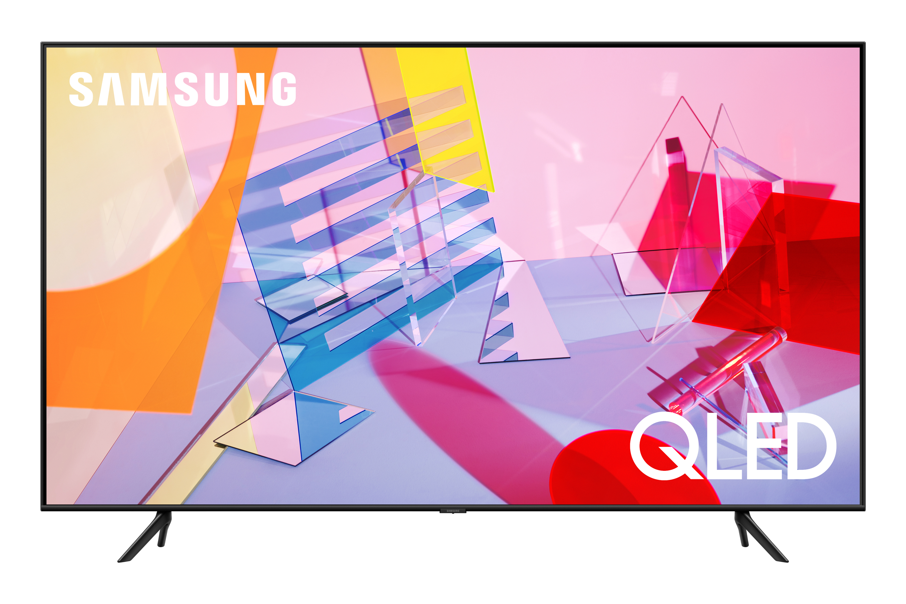 TV Samsung QLED. Cornice nera, schermo mostra forme geometriche. Testo QLED in basso a destra.