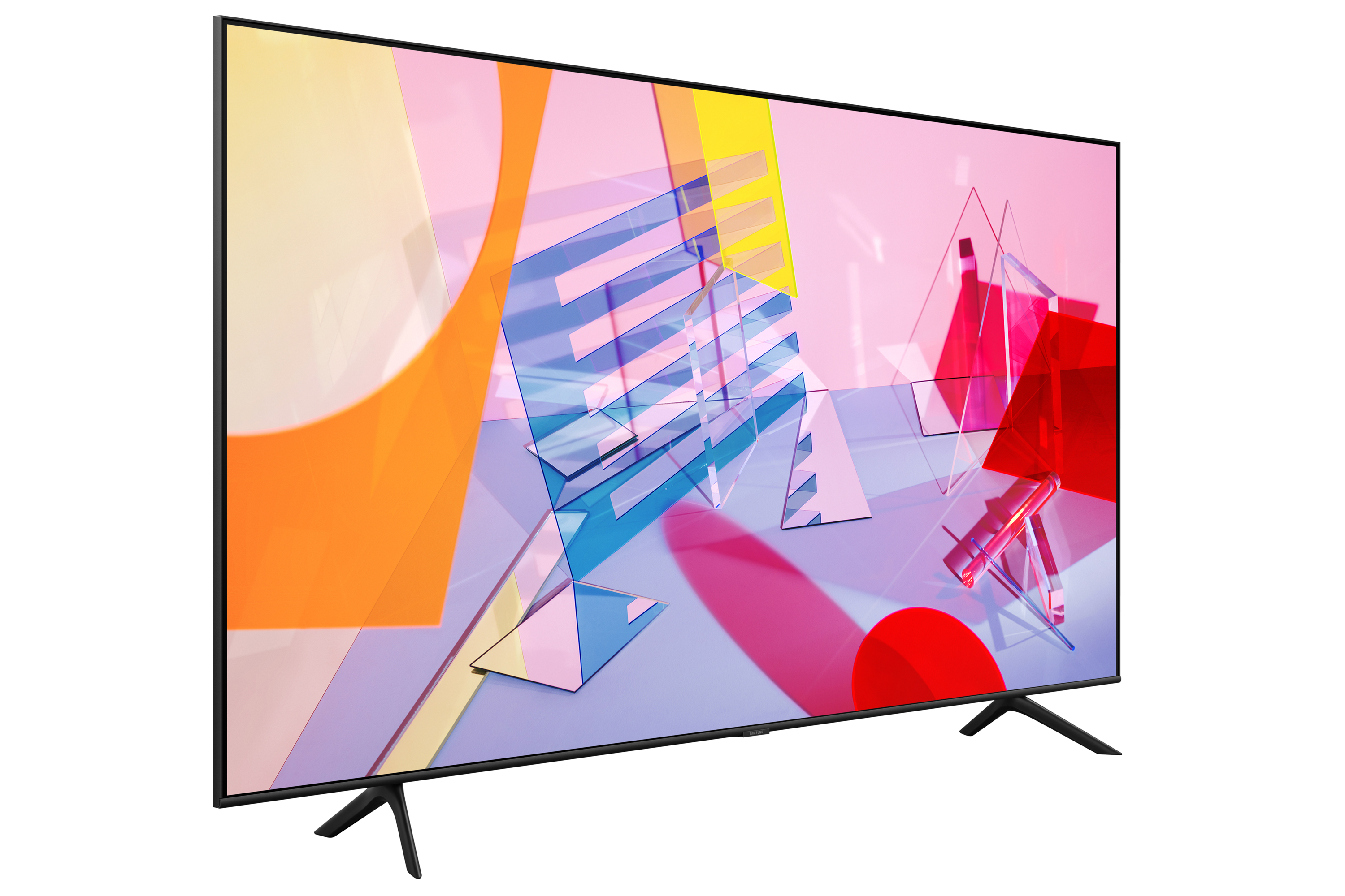 Una TV con un'immagine colorata e un supporto.