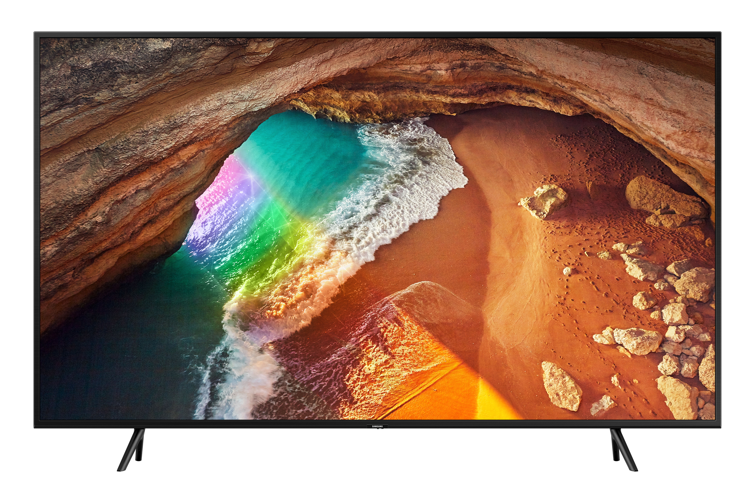 Una TV che mostra una scena colorata con un arcobaleno. Ha una cornice e gambe nere.