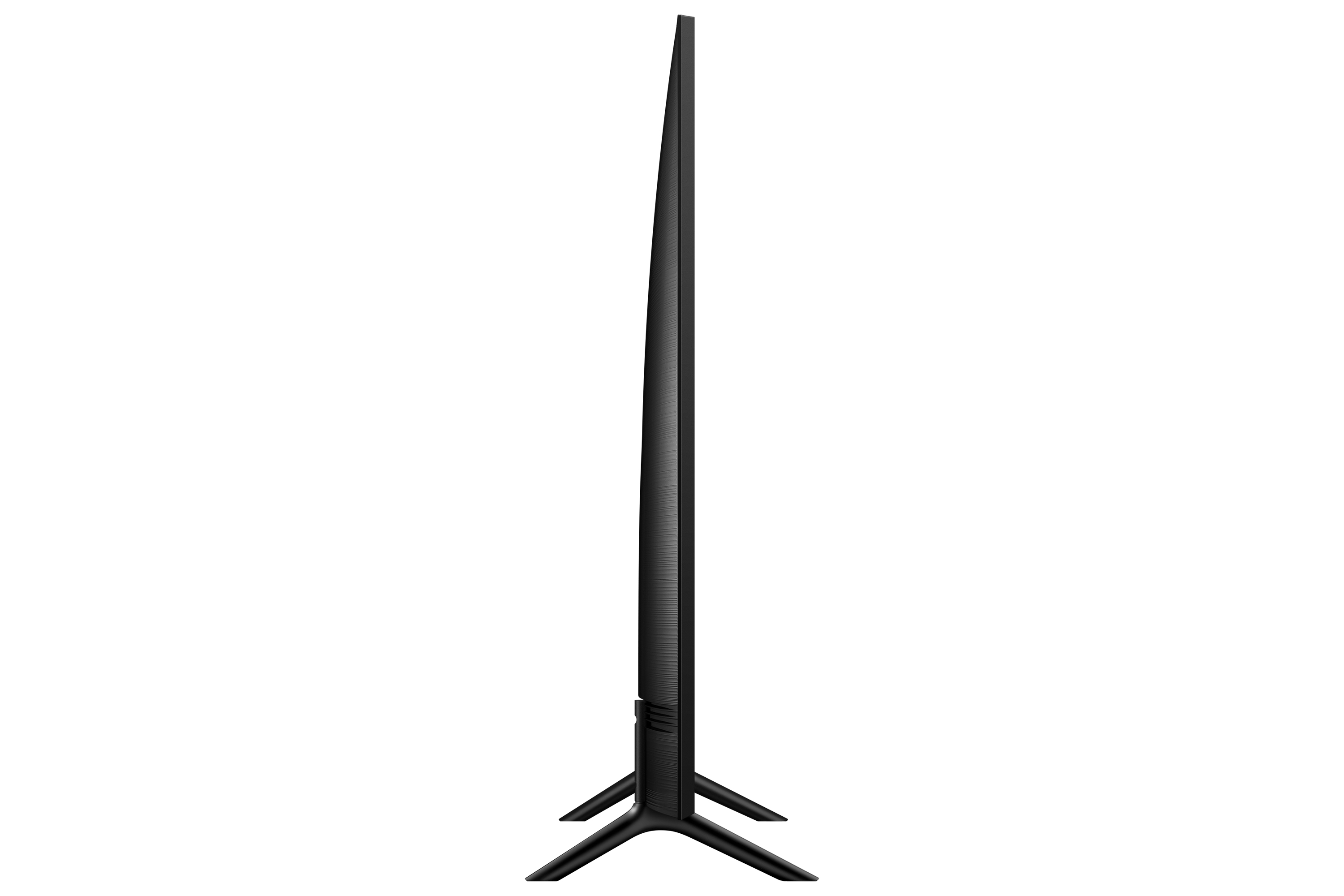 Una vista laterale di un televisore Samsung nero, che mostra il suo profilo sottile e il supporto.