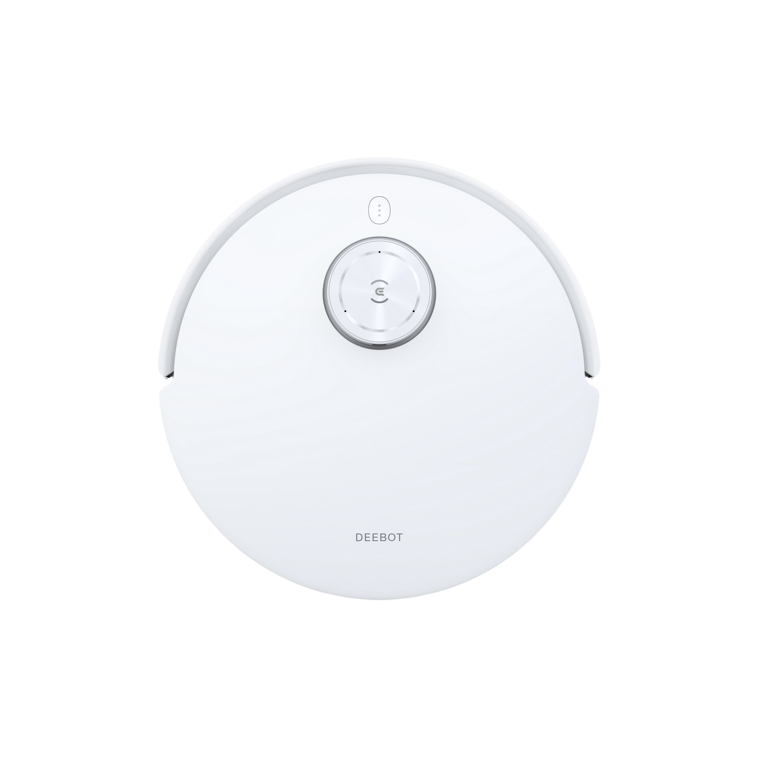 Biały odkurzacz robot DEEBOT, widok z góry, na czarnej powierzchni.