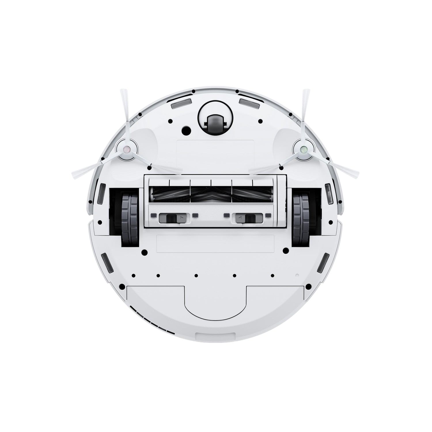 Widok od dołu białego, okrągłego robota odkurzającego.