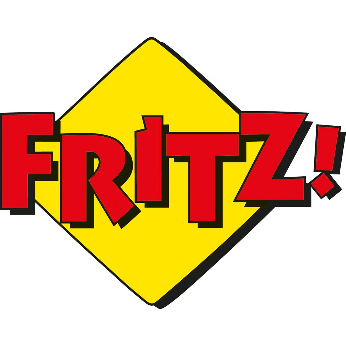 Das Logo von "Fritz!", ein roter Text auf einem gelben Diamanten mit schwarzem Rand.