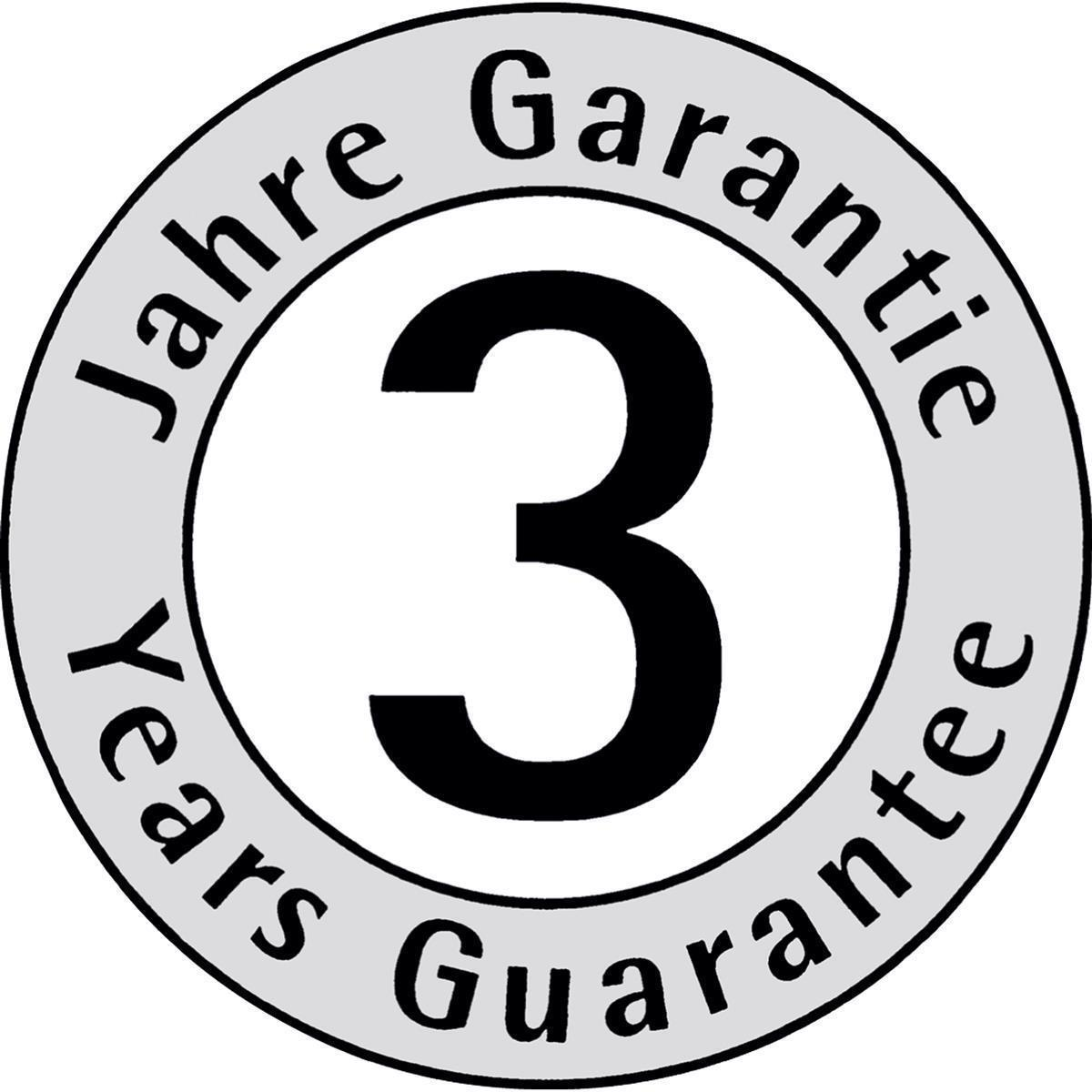 Kreisförmige Grafik mit "3 Jahre Garantie" Text, in grau-schwarzem Design.