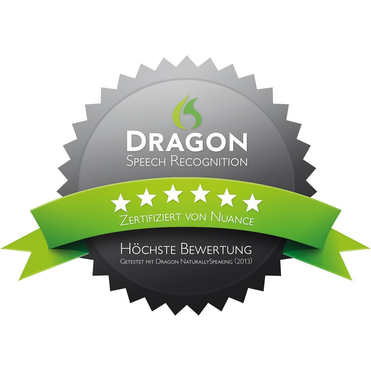 Ein kreisförmiges Abzeichen mit silbernem Außenring und grünem Band. 'DRAGON' und 'Speech Recognition' sind sichtbar.