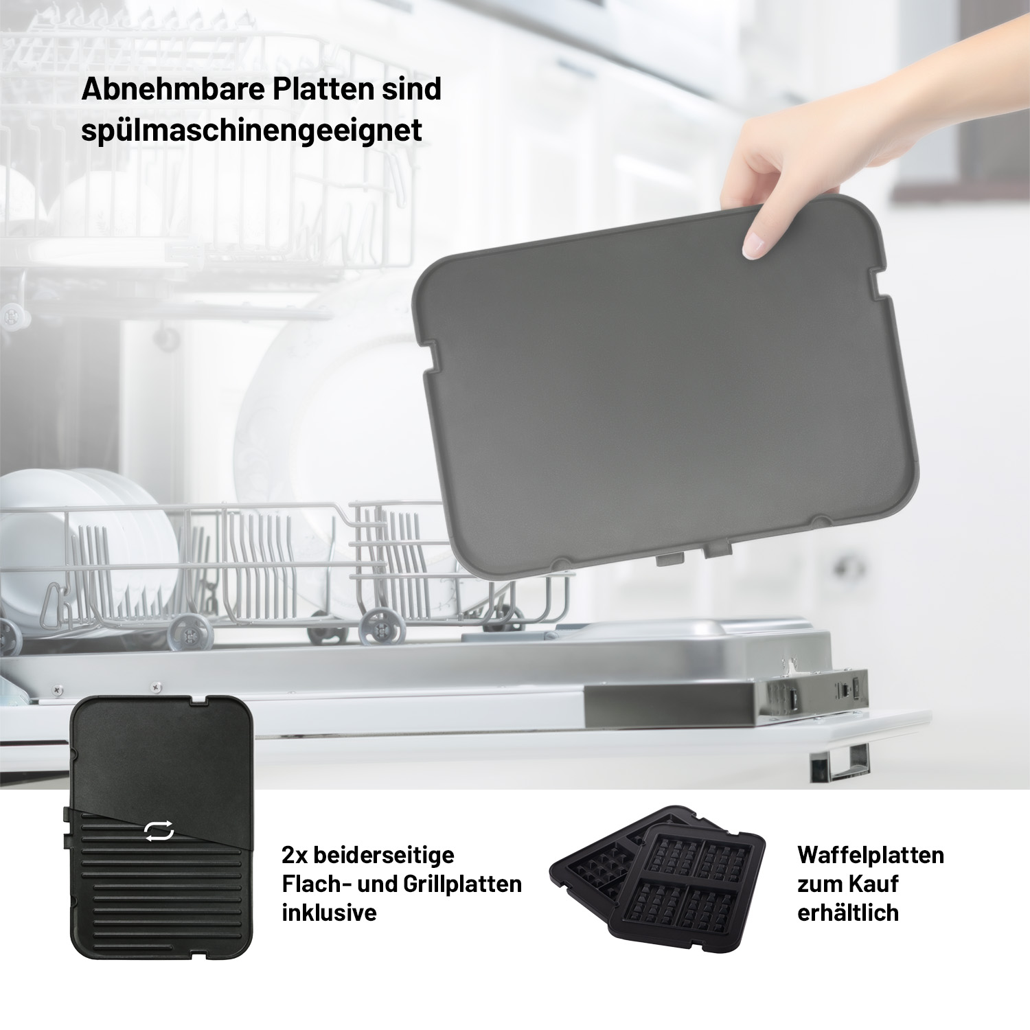 Czarny gofrownica z wyjmowanymi płytami i dodatkowymi płytami.