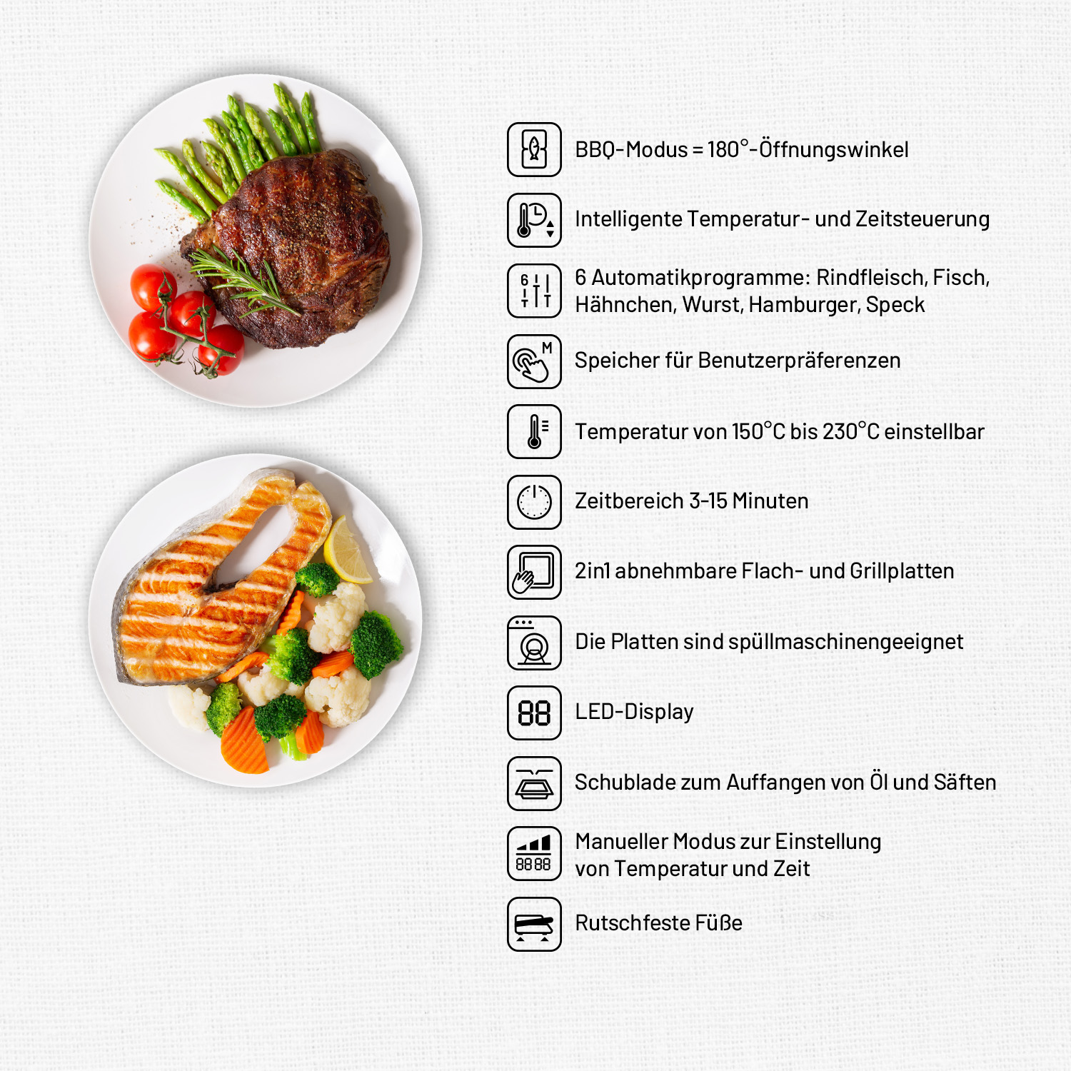 Talerze z gotowanym stekiem, szparagami, pomidorkami koktajlowymi i łososiem z warzywami. Tekst i ikony na białym tle.