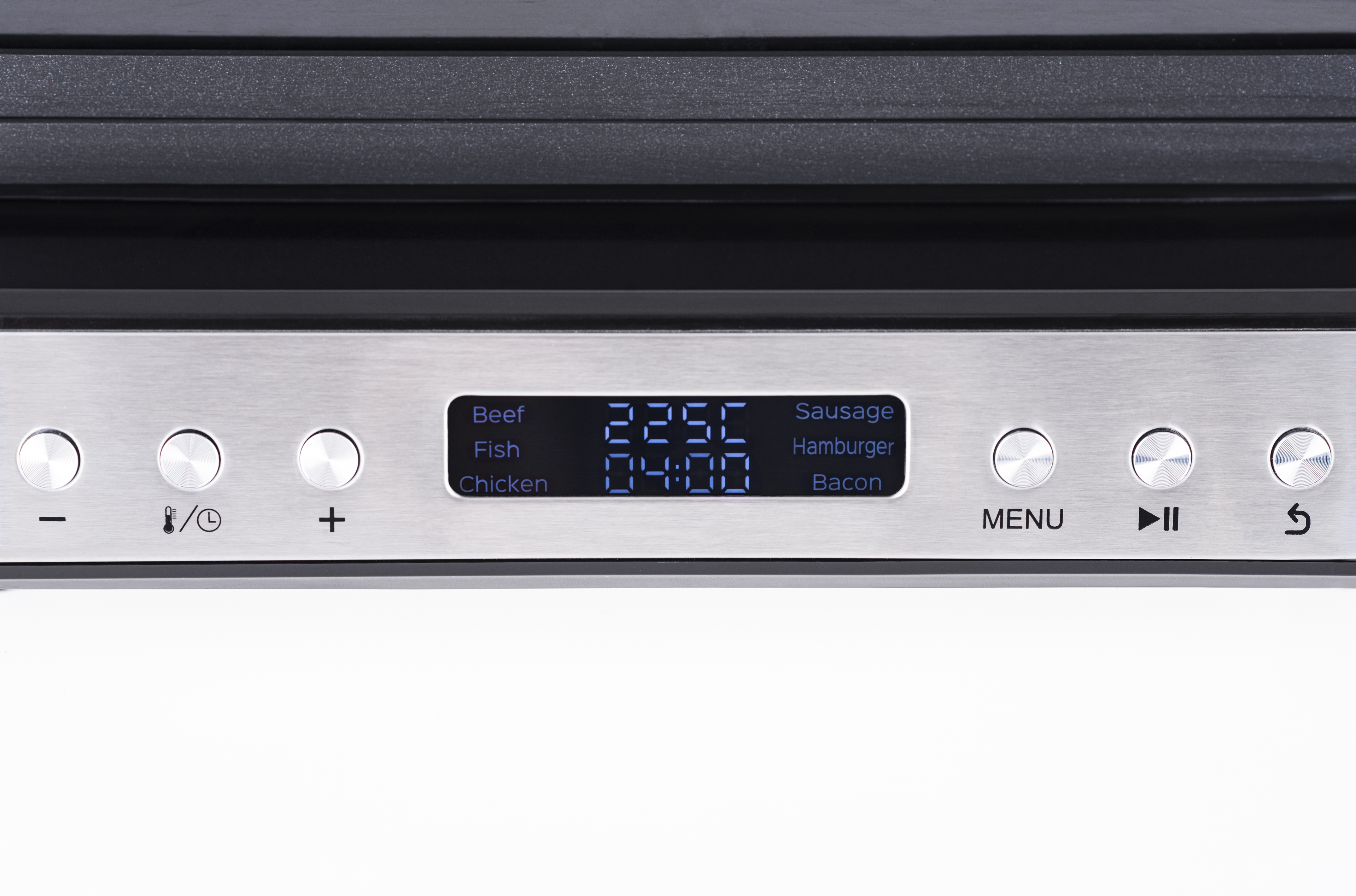 Grill z cyfrowym wyświetlaczem pokazującym temperaturę i opcje gotowania różnych mięs.