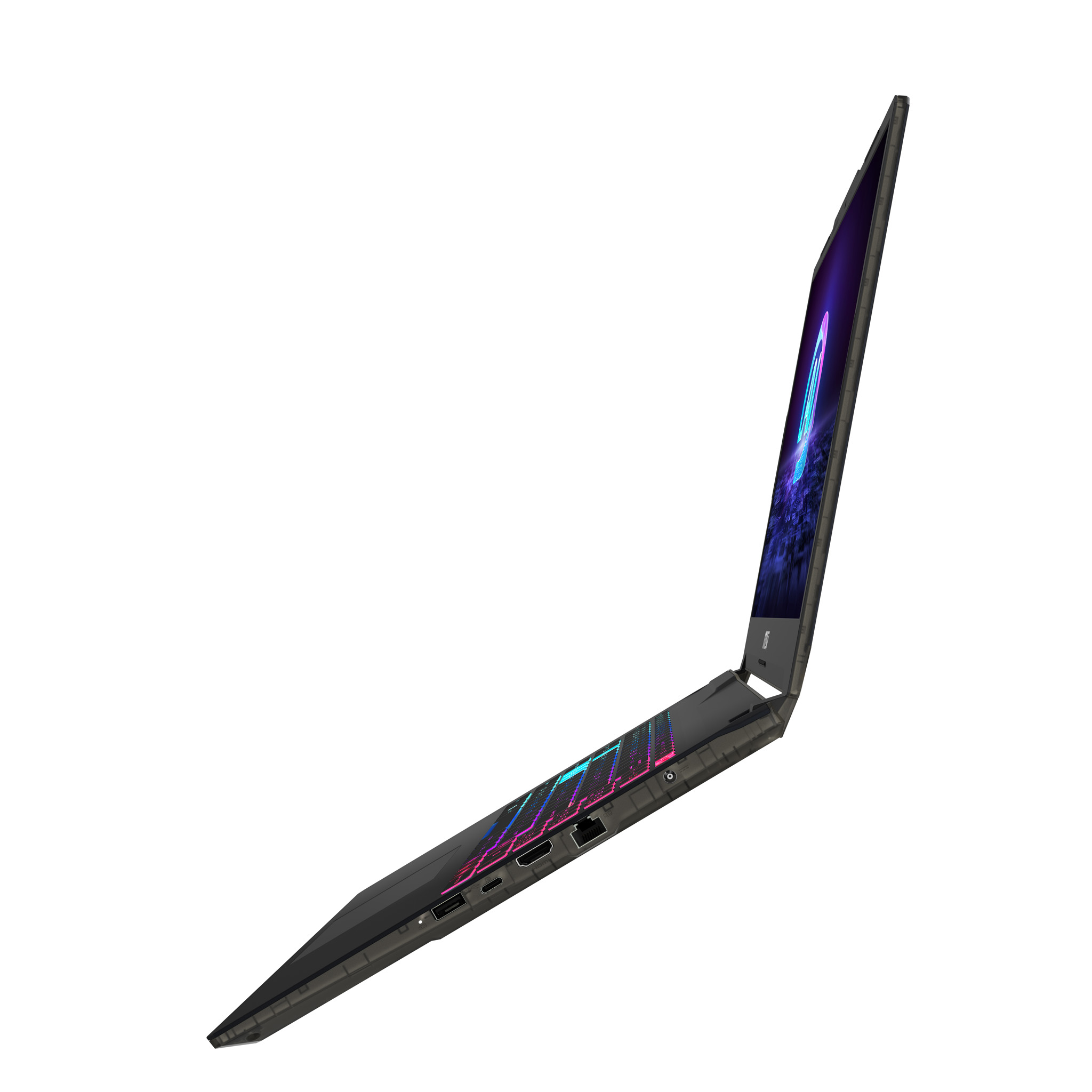Un computer portatile, vista angolata, che mostra le porte e parte dello schermo, su sfondo bianco.