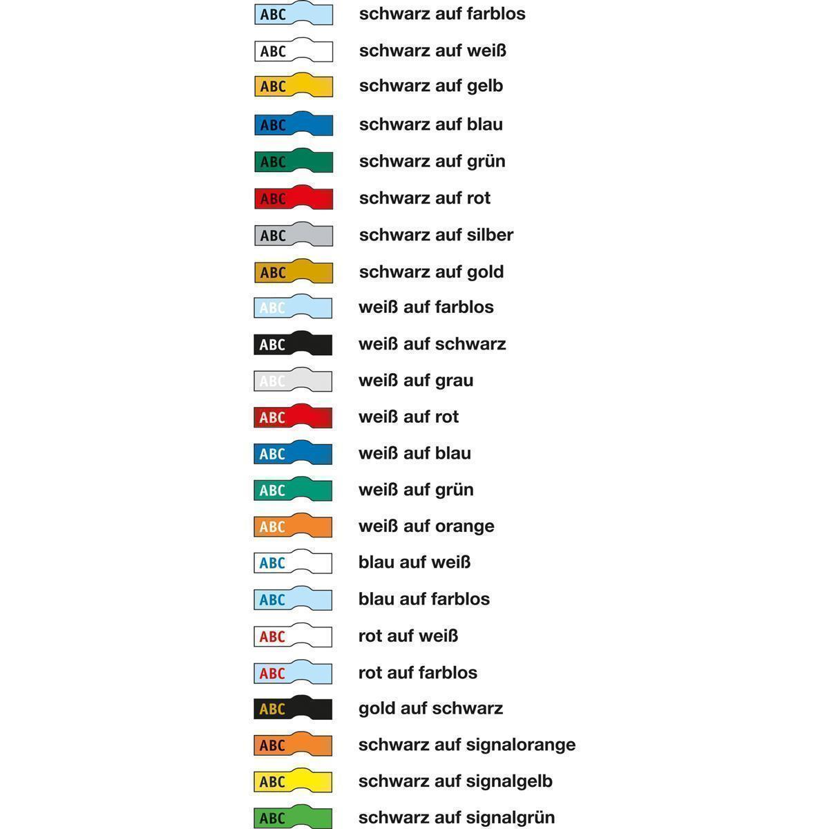 Eine Tabelle mit Farbkombinationen für Etiketten, mit schwarzem Text auf verschiedenen Hintergründen.