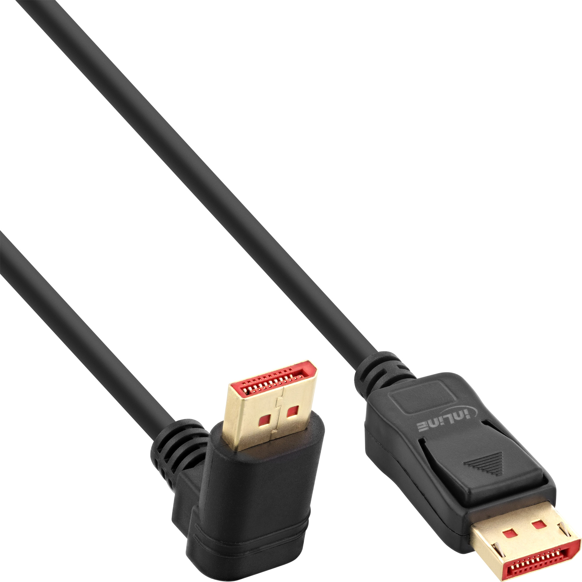 Câble DisplayPort noir avec connecteurs coudés, détails rouges et logo inLine.
