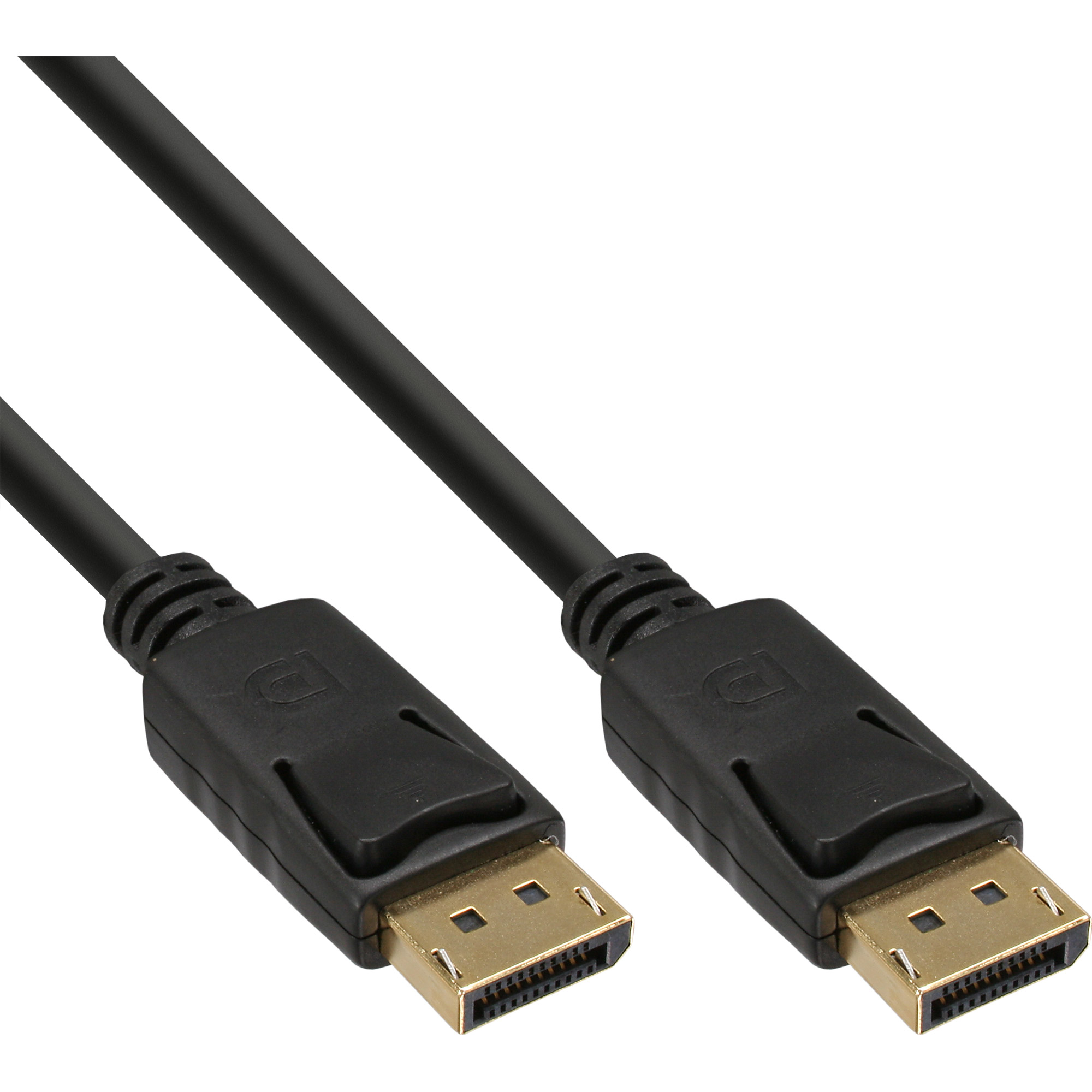 Câble DisplayPort noir avec connecteurs dorés sur fond blanc.
