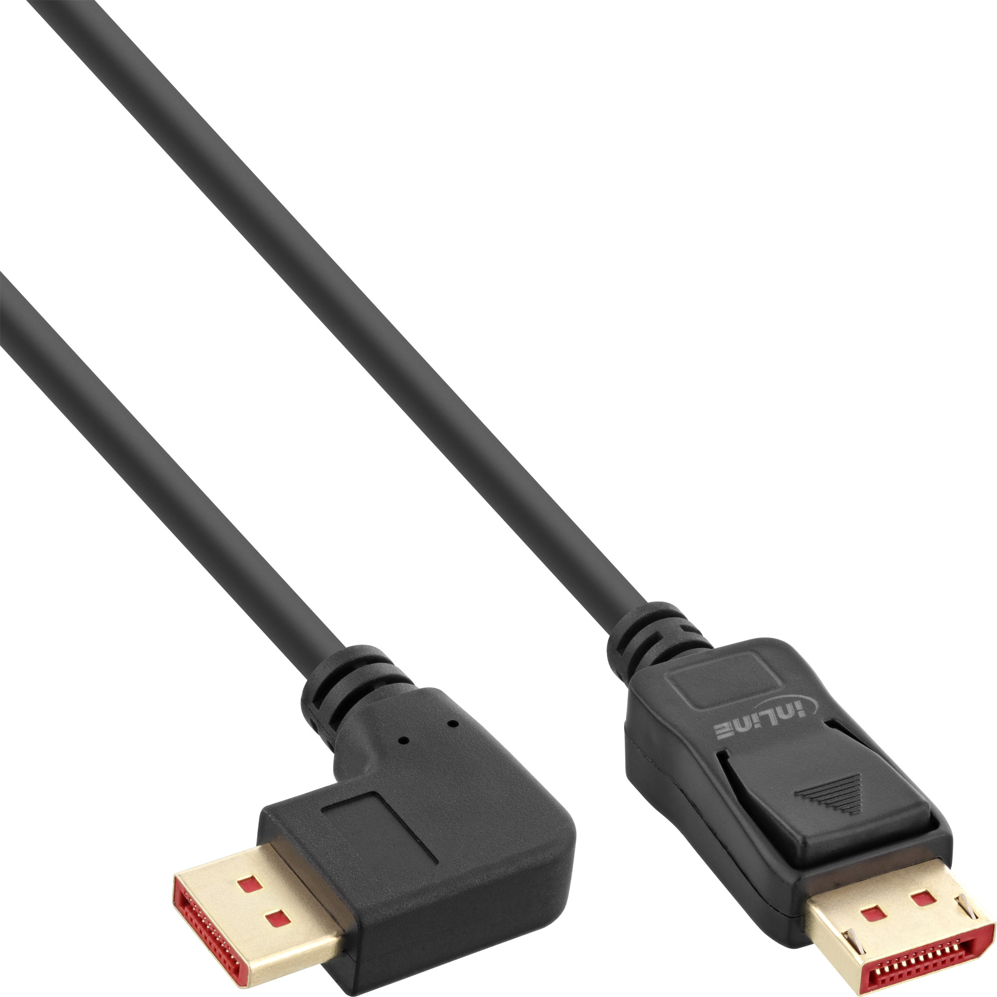 Czarny kabel DisplayPort z kątowymi i prostymi złączami, na białym tle.